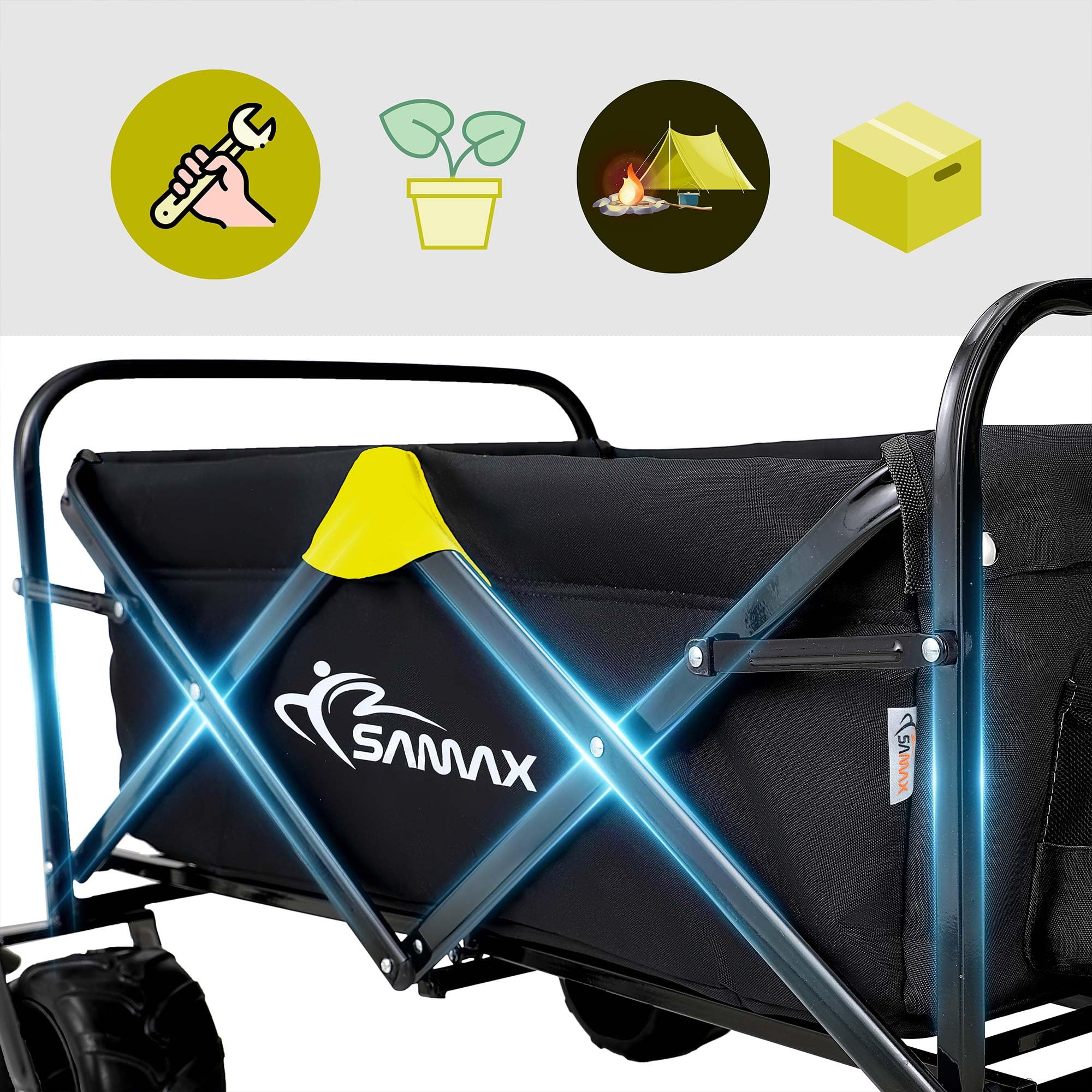 SAMAX Bollerwagen Handwagen Gartenwagen Strandwagen bis 200 kg - Klappbar Faltbarer Bollerwagen Transportwagen - Camping Edition Schwarz/Gelb