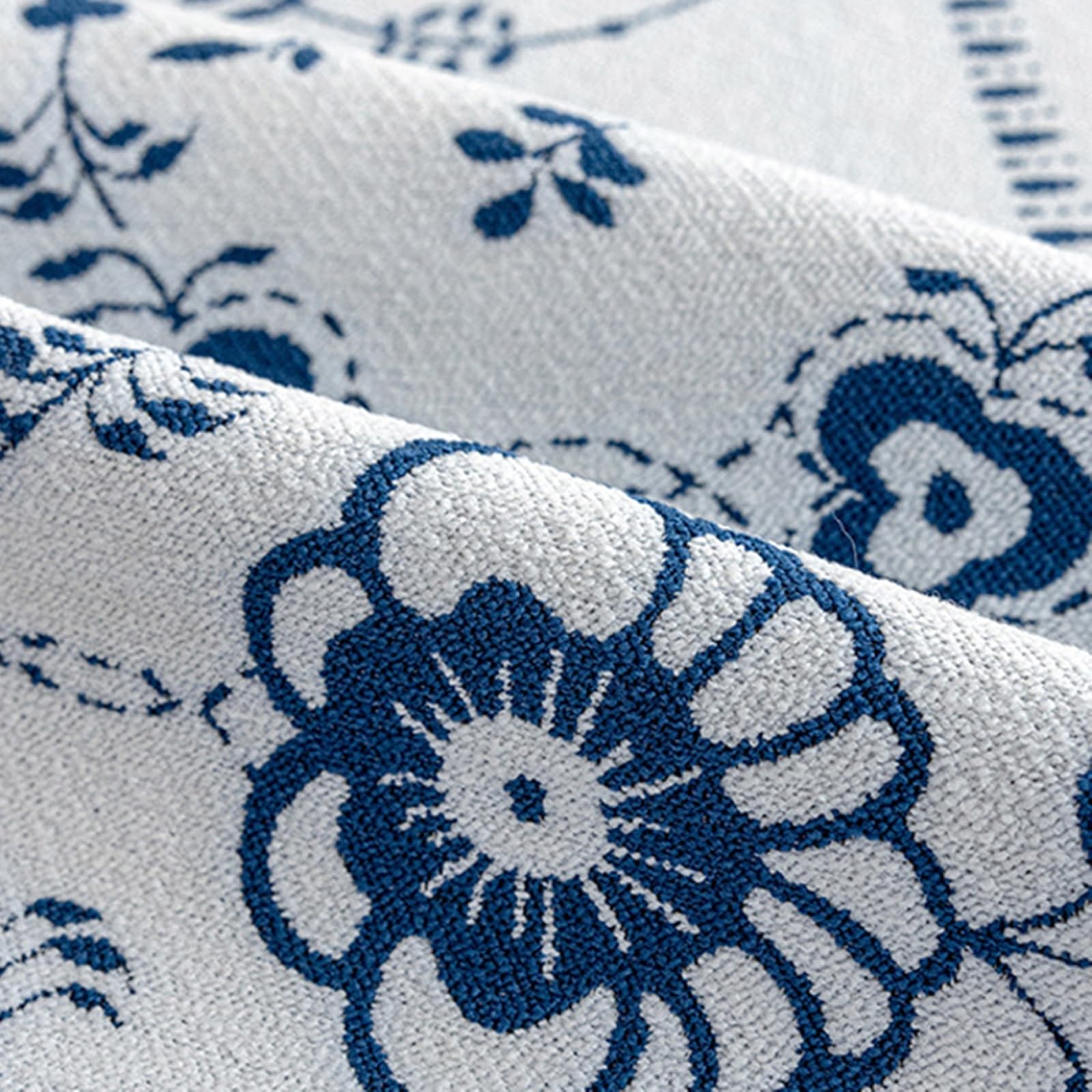 Tischläufer Hochzeit Polyester, Tischläufer Landhausstil 35x240 cm, Leinenoptik mit Blauem Blumenjacquard