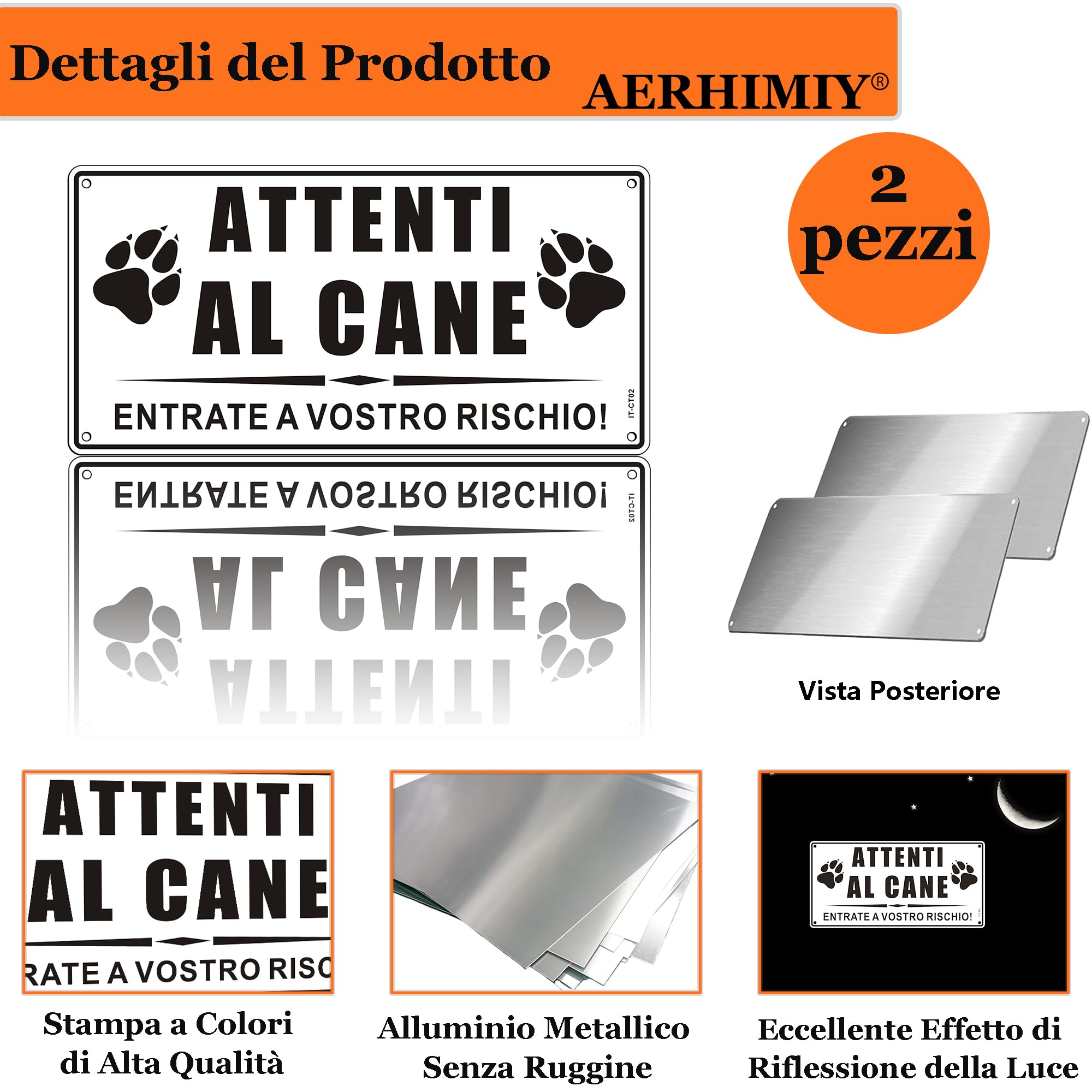 Cartello Attenti Al Cane Alluminio Riflettente 15x30cm, Attenti al Cane Metallo, Protezione UV, Impermeabile, Con Fori, Bianco