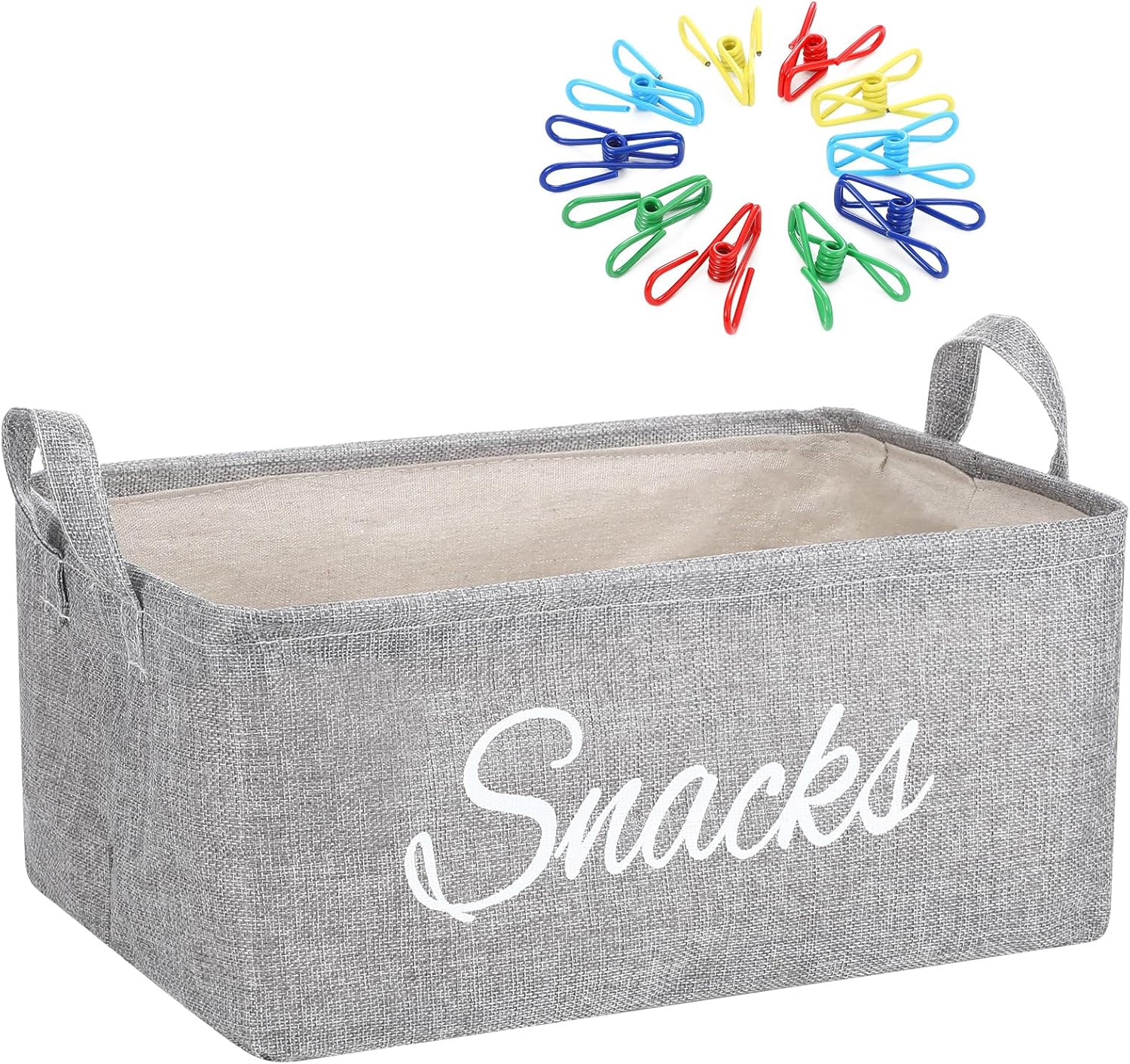 17 Pcs Snack Basket Sets, Snack Storage Bin for Pantry Shelves with 16 Pcs 2 Inch Chip Clips, Basket Organizer for Kitchen Home, Chips, Popcorn, Candy, Pretzels(Burlap,Grey) Grey Burlap