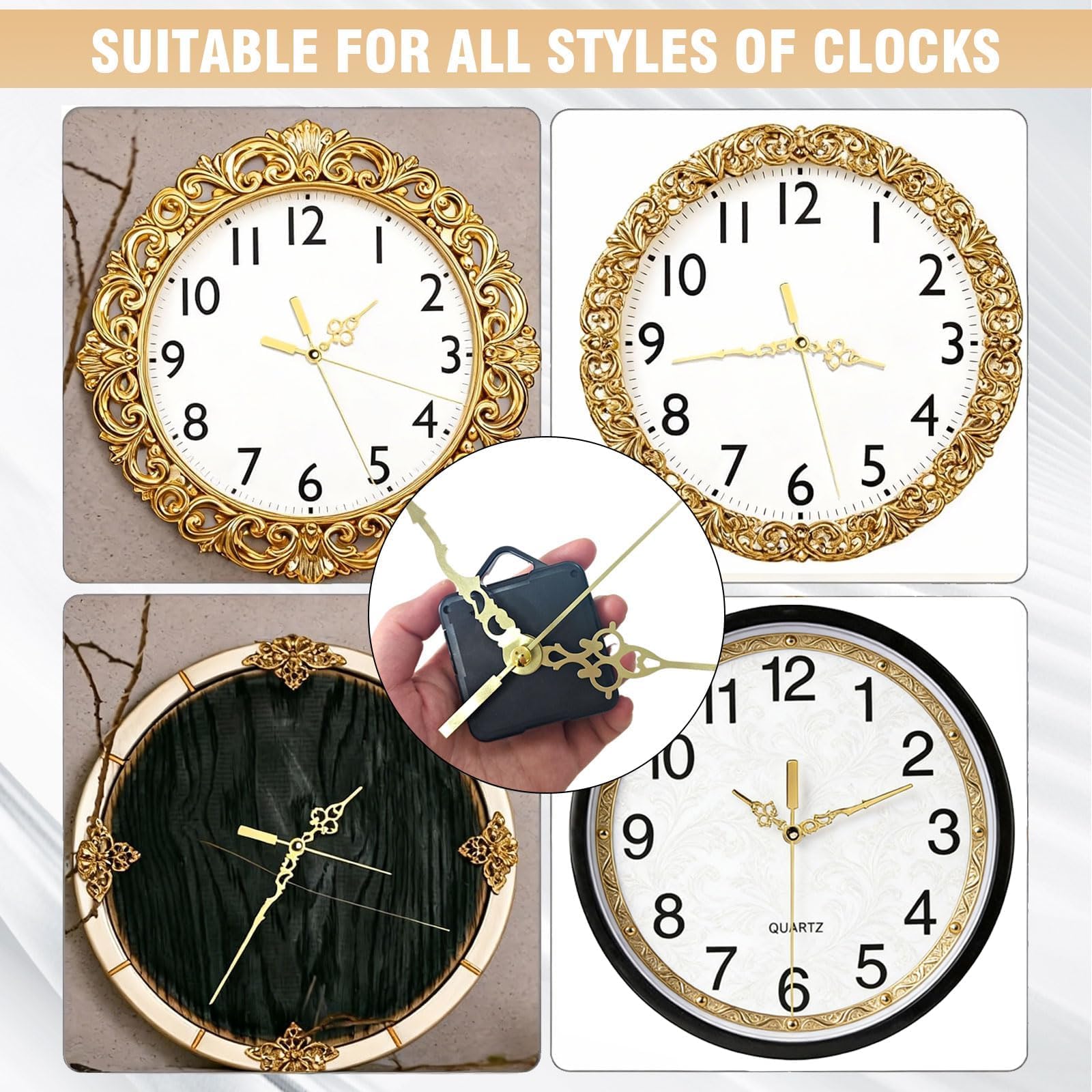 Geräuschloses Uhrwerk Set, Uhrwerk für Wanduhr 24MM, Inklusive Zeiger für Stunden, Minuten und Sekunden, Robustes Ersatzteil-Kit für Uhrreparatur und DIY-Projekte, Schwarz (golden)