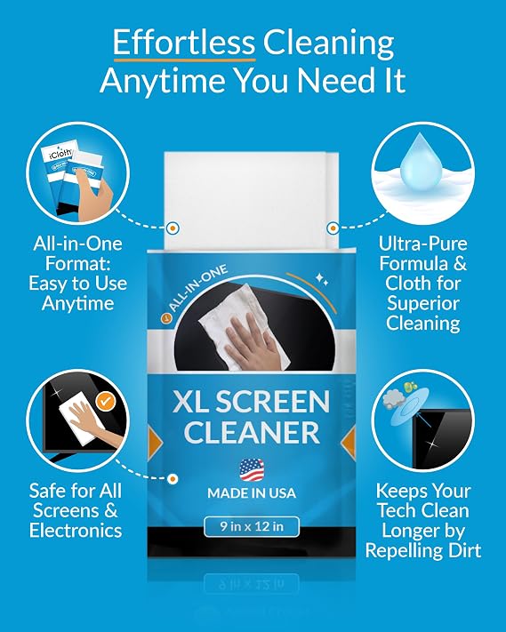 iCloth XL Screen Cleaning Wipes, Lint-Free and Streak-Free, Fast-Drying, Removes Dust, Fingerprints, and Smudges (10 XL Wipes)