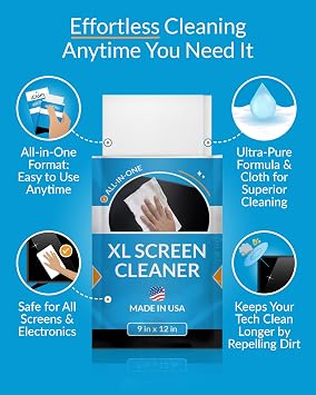 iCloth XL Screen Cleaning Wipes, Lint-Free and Streak-Free, Fast-Drying, Removes Dust, Fingerprints, and Smudges (10 XL Wipes)