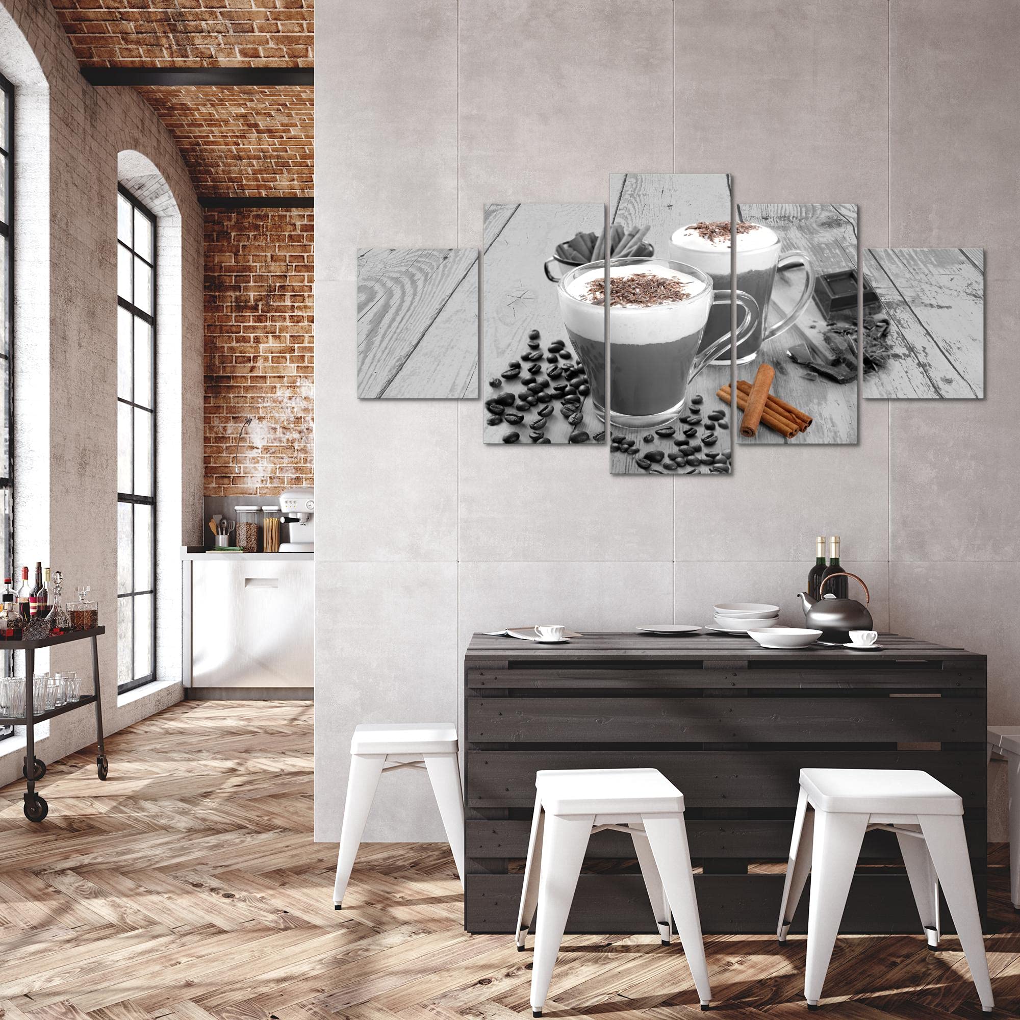Runa Art Muur Schilderij XXL Koffie Keuken- 200 x 80 cm Beige Bruin 5 Delen - Made in Germany - 012855a