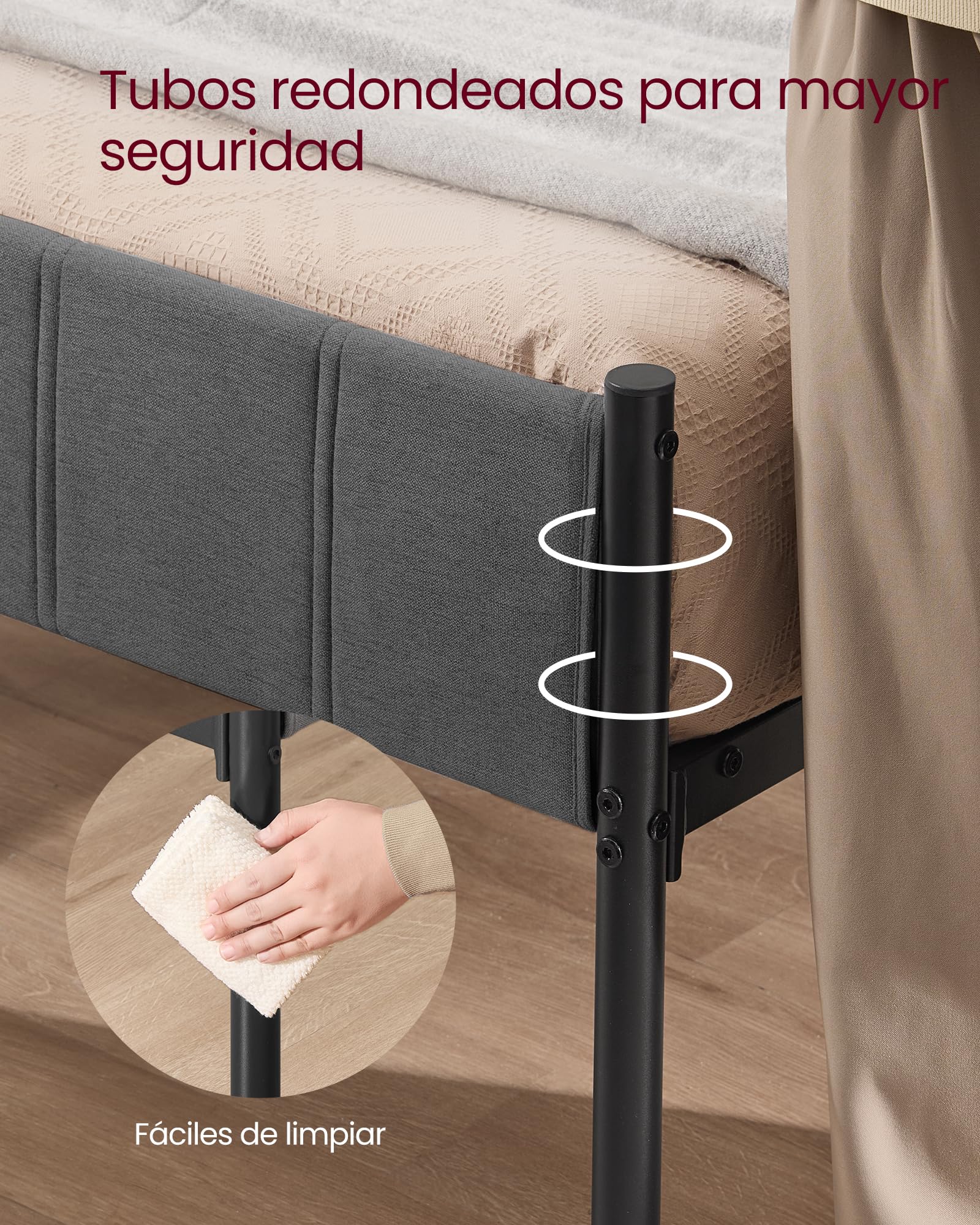 VASAGLE Marco de Cama Doble 135x190 cm Cabecero Tapizado Metal 500 kg Capacidad Peso Gris Pizarra