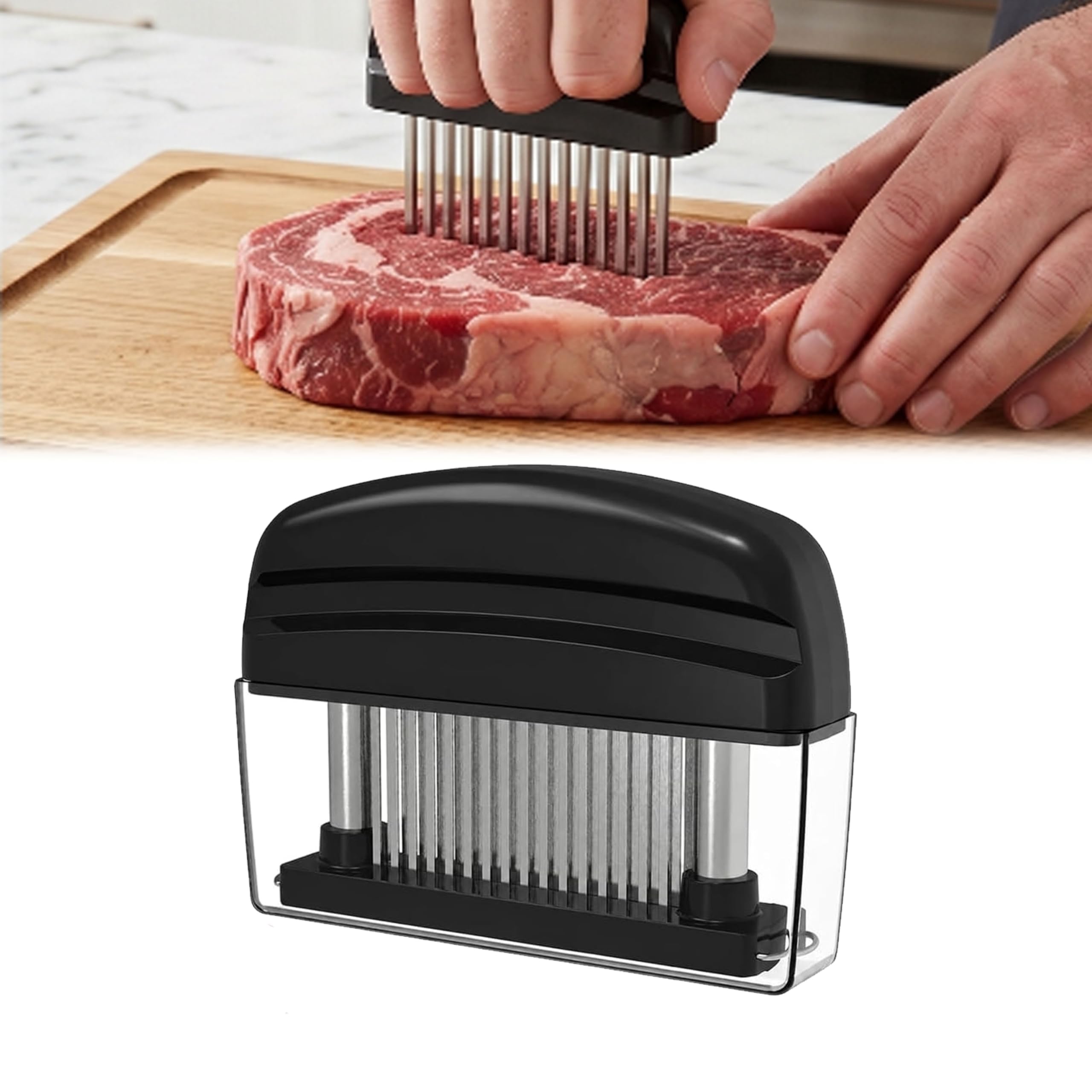 Spring-Loaded Meat Tenderizer, 48 Stainless Steel Sharp Needle Blades, Handheld Blade Tenderizer for Tenderizing Beef, Chicken, Steak, Pork，Black
