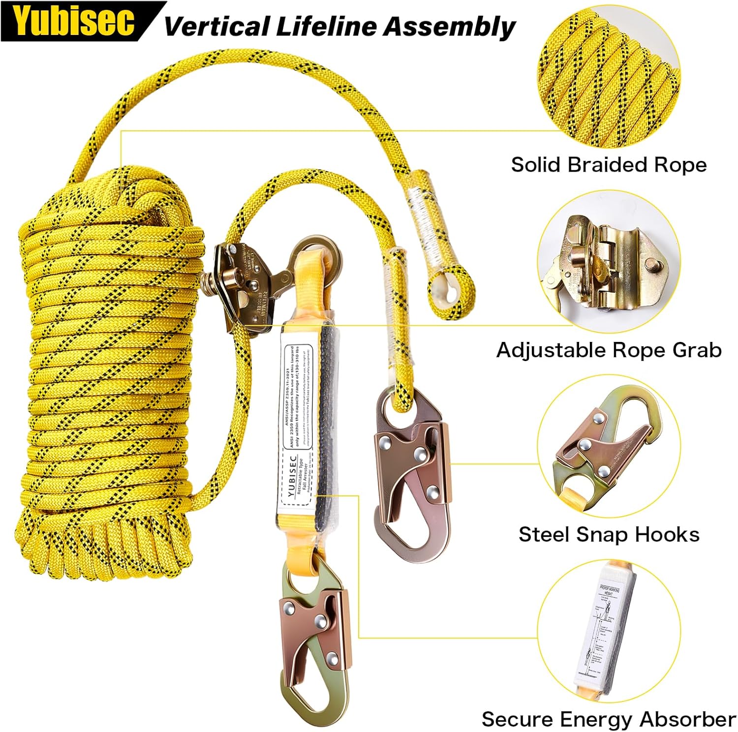 Rope Harness Safety Lanyard 25FT, Vertical Lifeline Assembly with Grab Snap Hooks Shock Absorber, Fall Protection Tree Climbing Lifeline Kit, Heavy Duty Roof Safety Equipment ANSI CE - Image 2