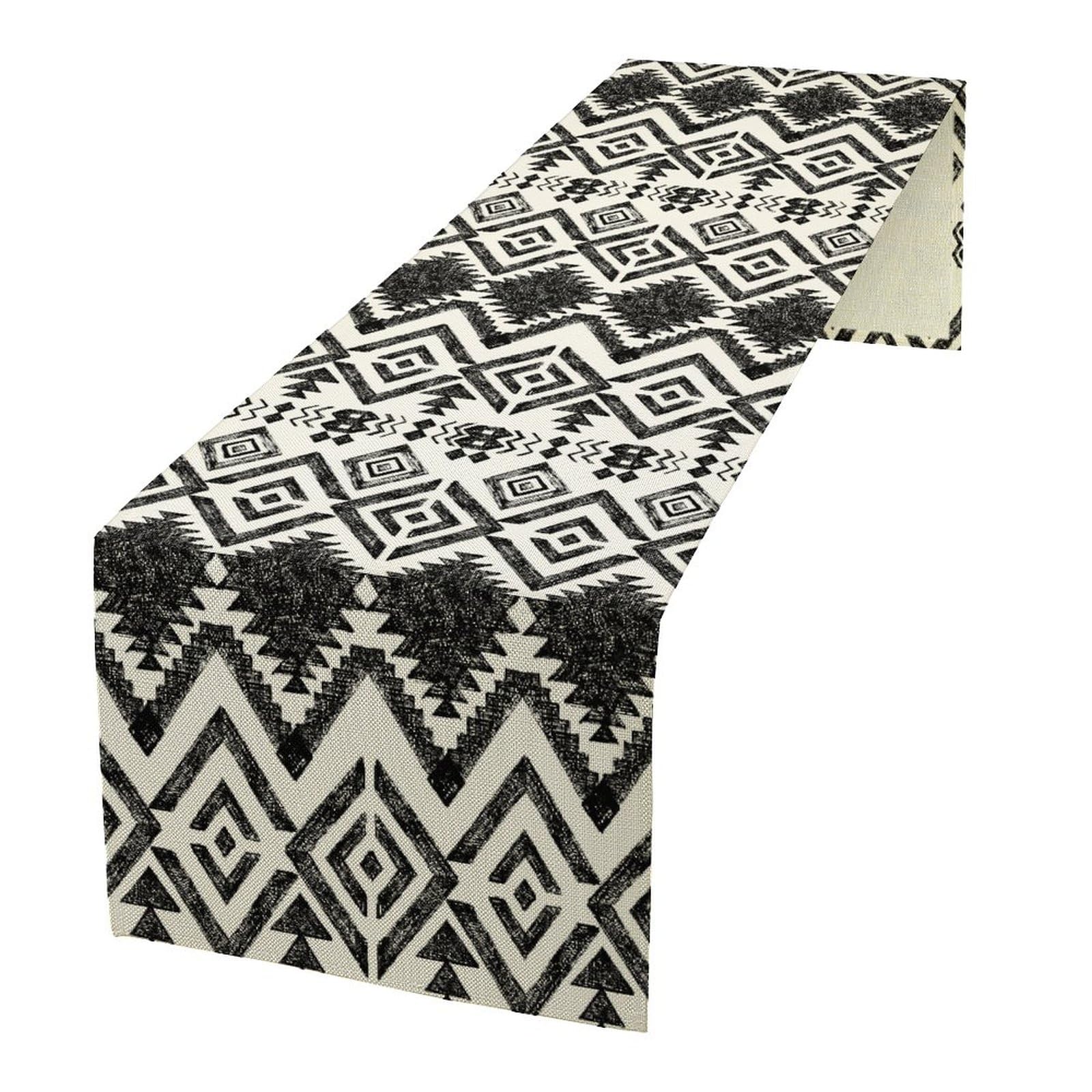 Tribal Table Runner, Black and White Hand-Drawn Tribal Sketched Mexican Aztec and Zigzags, Rectangle Scarf for Dining Room Kitchen Table Setting Decor 13in(33cm) W * 108in(274cm) L