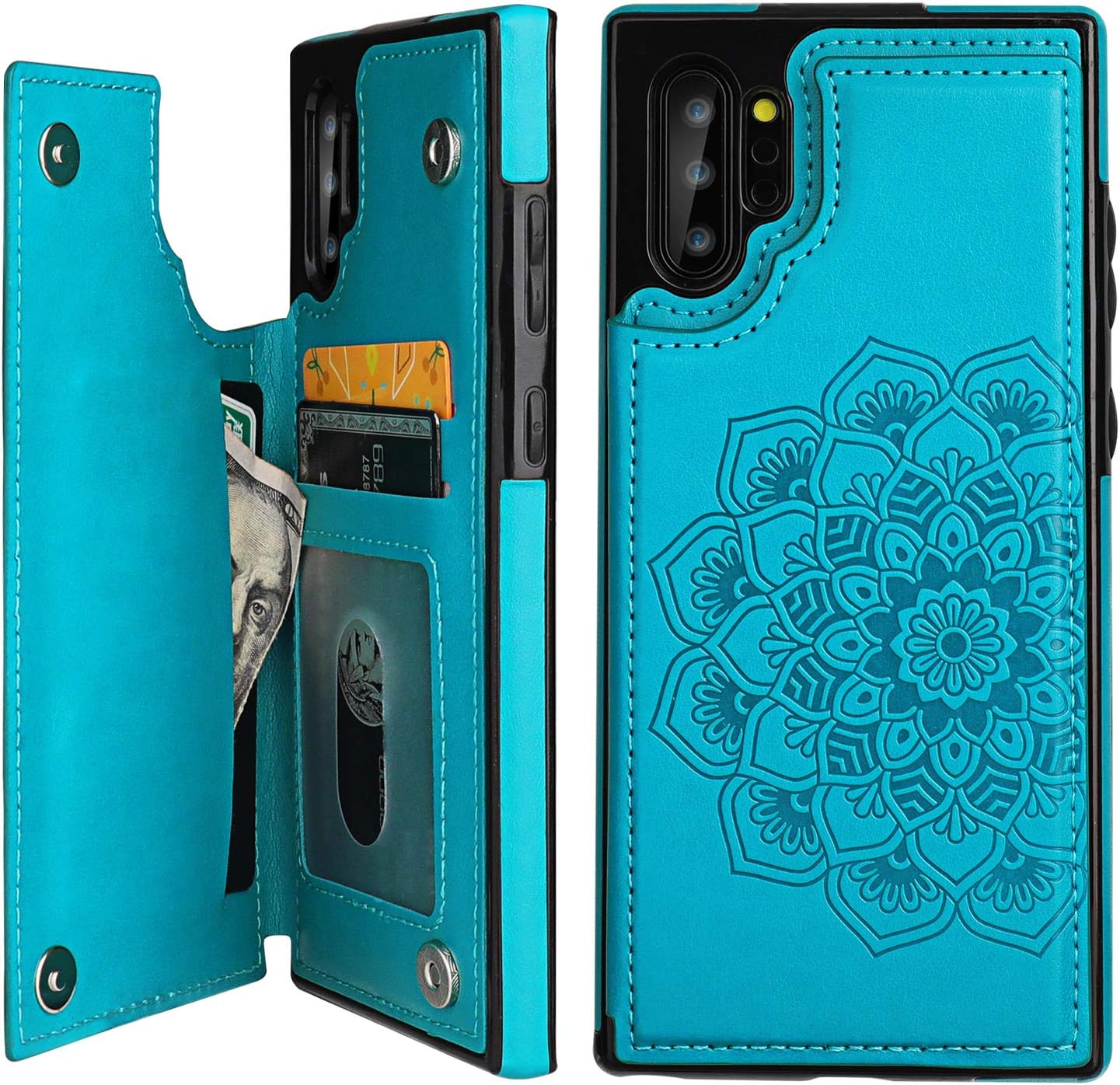 Vaburs Galaxy Note 10 Plus Case Wallet with Card Holder, Embossed Mandala Pattern Premium PU Leather Double Magnetic Buttons Flip Protective Case for Note 10+(6.8",Blue)