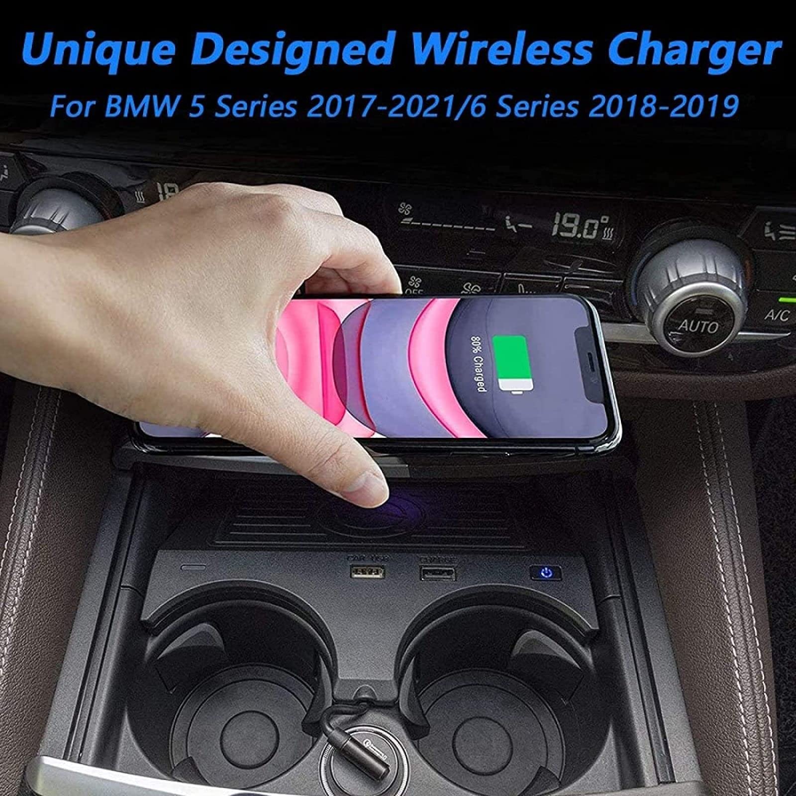 Bezprzewodowa ładowarka samochodowa (seria 2017-2021 i 6 2018-2019) z dwoma portami USB 18 W i szybką ładowarką QI 15 W, konsola środkowa do iPhone'a 11 XS XR X S20, S10, S9
