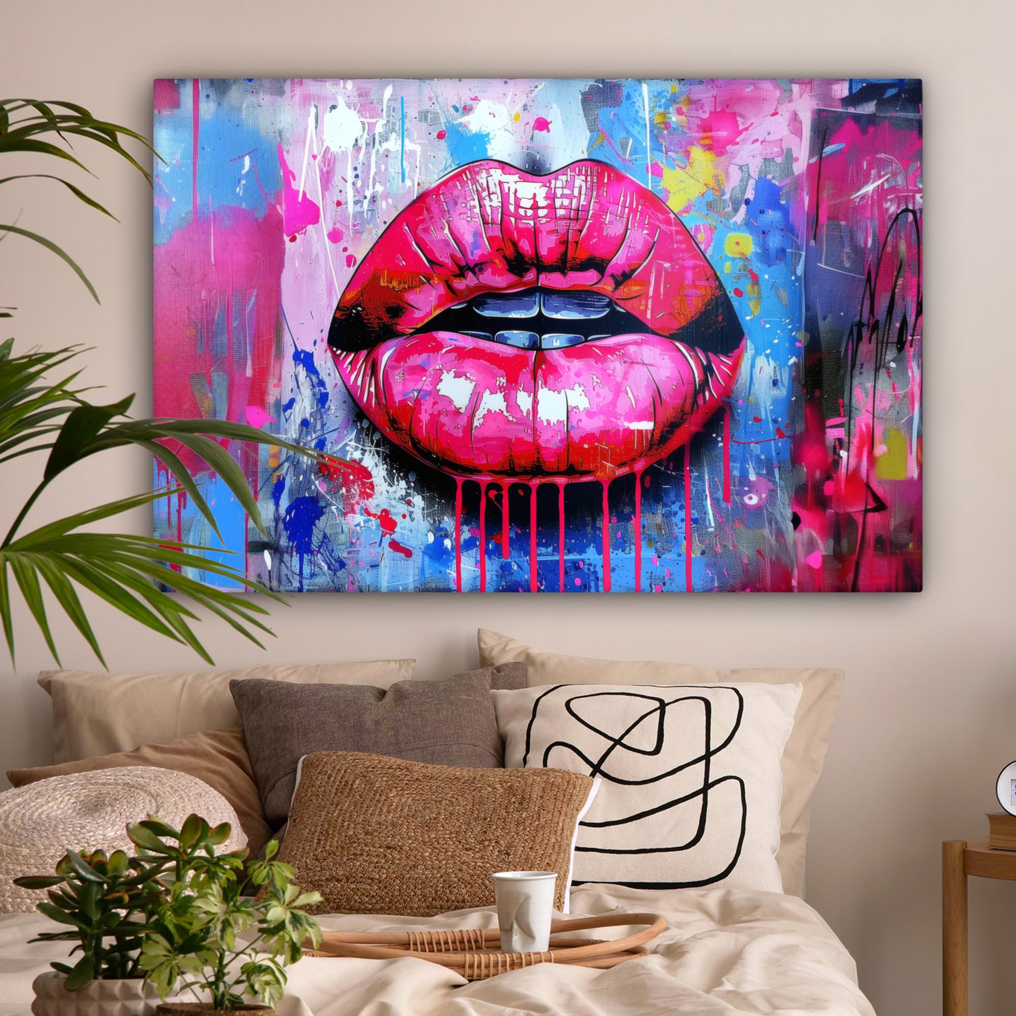 MuchoWow© Impression sur Toile Decoration Murale Peinture 120x80 cm Tableaux Art Décoratif Muraux Décoration Chambre Graffiti - Lèvres - Rose Vif - Peint