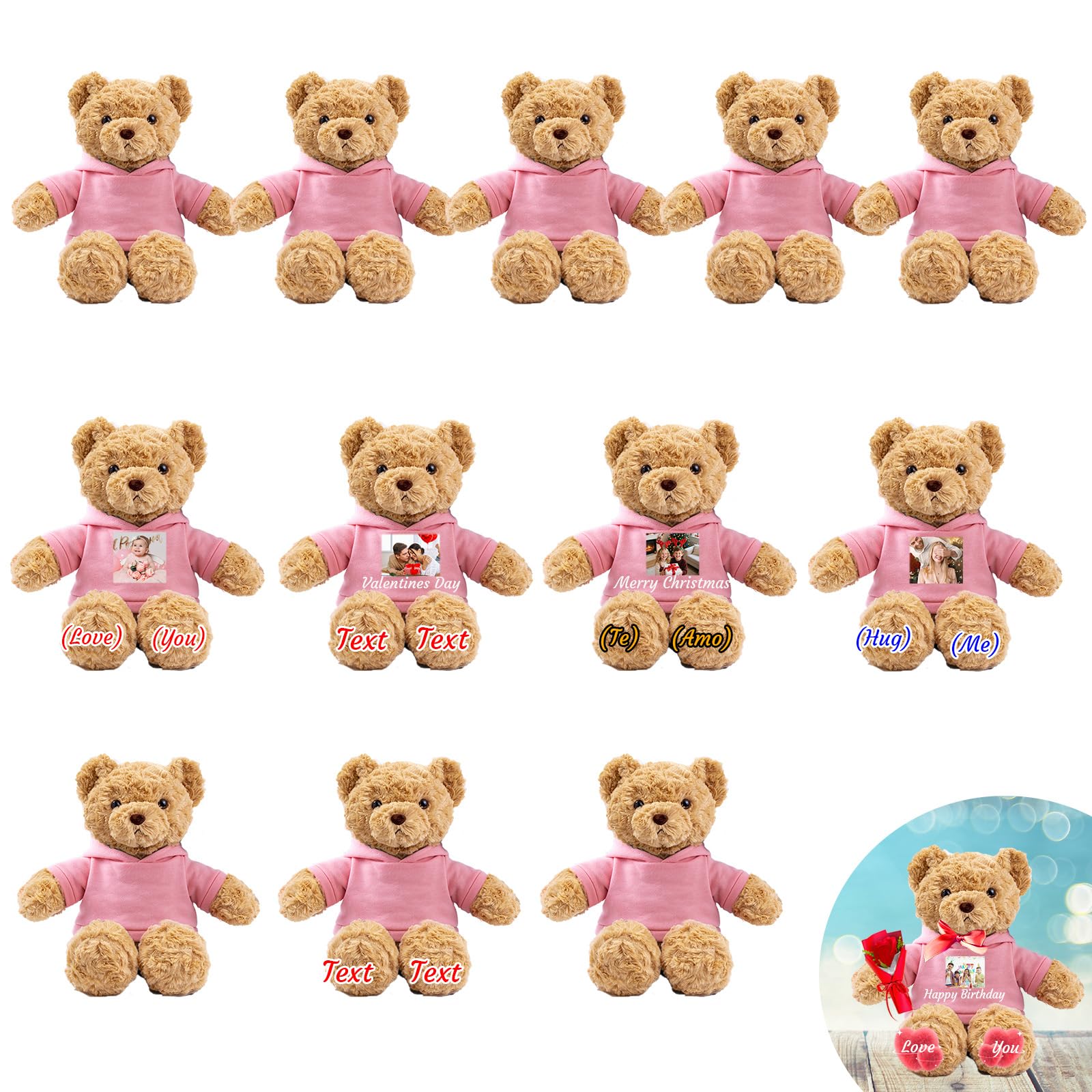 12er Set 25cm Personalisierte Teddybären mit Fotonamen als Personalisiertes Geschenk Valentinstag, zum Geburtstag, zur Hochzeit, als Klassenfeier, zum Lehrer