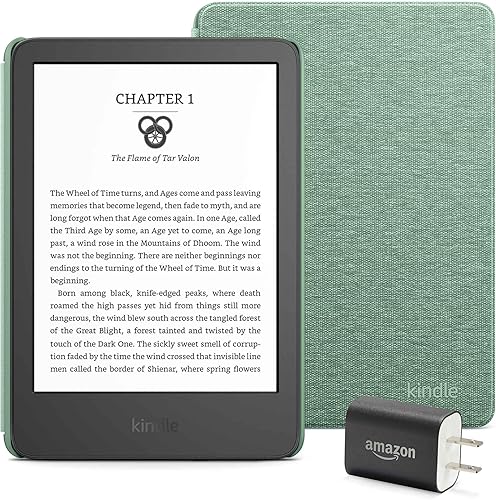 Paquete Kindle Essentials, que incluye Kindle (versión 2024) negro, funda de tela (matcha) y adaptador de corriente