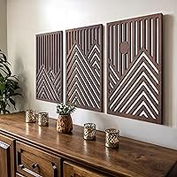 qmmp Modern Wooden Wall Sculptures Set of 3 - Large Walnut Mountain & Sun Design - Easy Install Home Decor for Living Room, Bedroom, Office