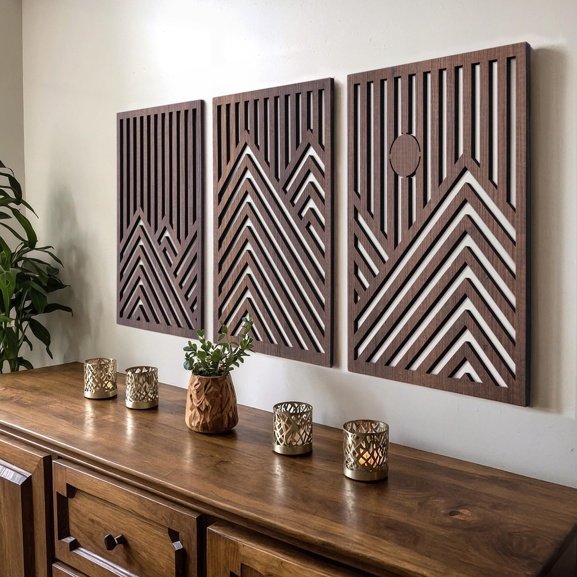 qmmp Modern Wooden Wall Sculptures - Set of 3 - Home Decor Accent - Large Wall Art for Living Room, Bedroom, Office - Easy Installation (Walnut, Large - Mountain and Sun, Unframed)