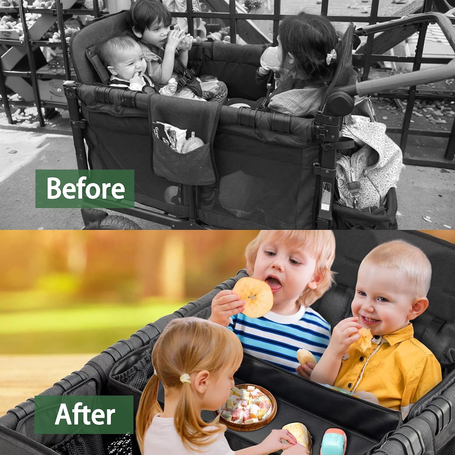 Stroller Snack Tray for Wonderfold Wagon W4: Double Sided Snack Tray for Stroller，Waterproof Kids Toy Placement Faux Leather Sides for Eating & Activities, 4 Cup Holders