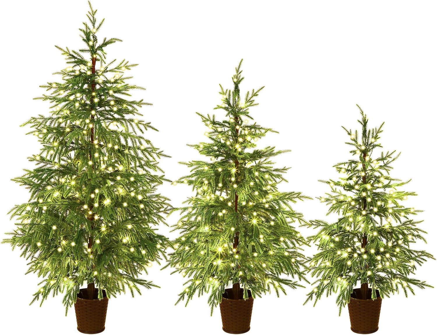 Set of 3 2ft 3ft 4ft Pre-lit Twinkle Christmas Norfolk Pine Tree with 175 LED Light Realistic Artificial Trees with Woven Basket Base Xmas Holiday Decor for Indoor Living Room Home (Norfolk Pine Tree)