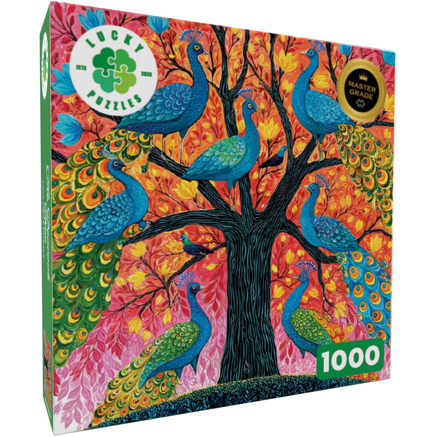 Lucky Puzzles - The Peacock Tree - 1000 Piece Jigsaw Puzzle for Adults | Colourful Tree of Life Puzzle with Peacocks | Unique Nature Artwork | Premium Brain Teaser for Puzzle Lovers