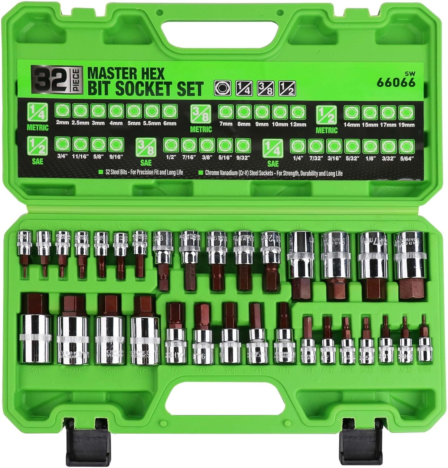 SWANLAKE 32 Piece Hex Bit Socket Set,SAE and Metric, 1/4'', 3/8', 1/2