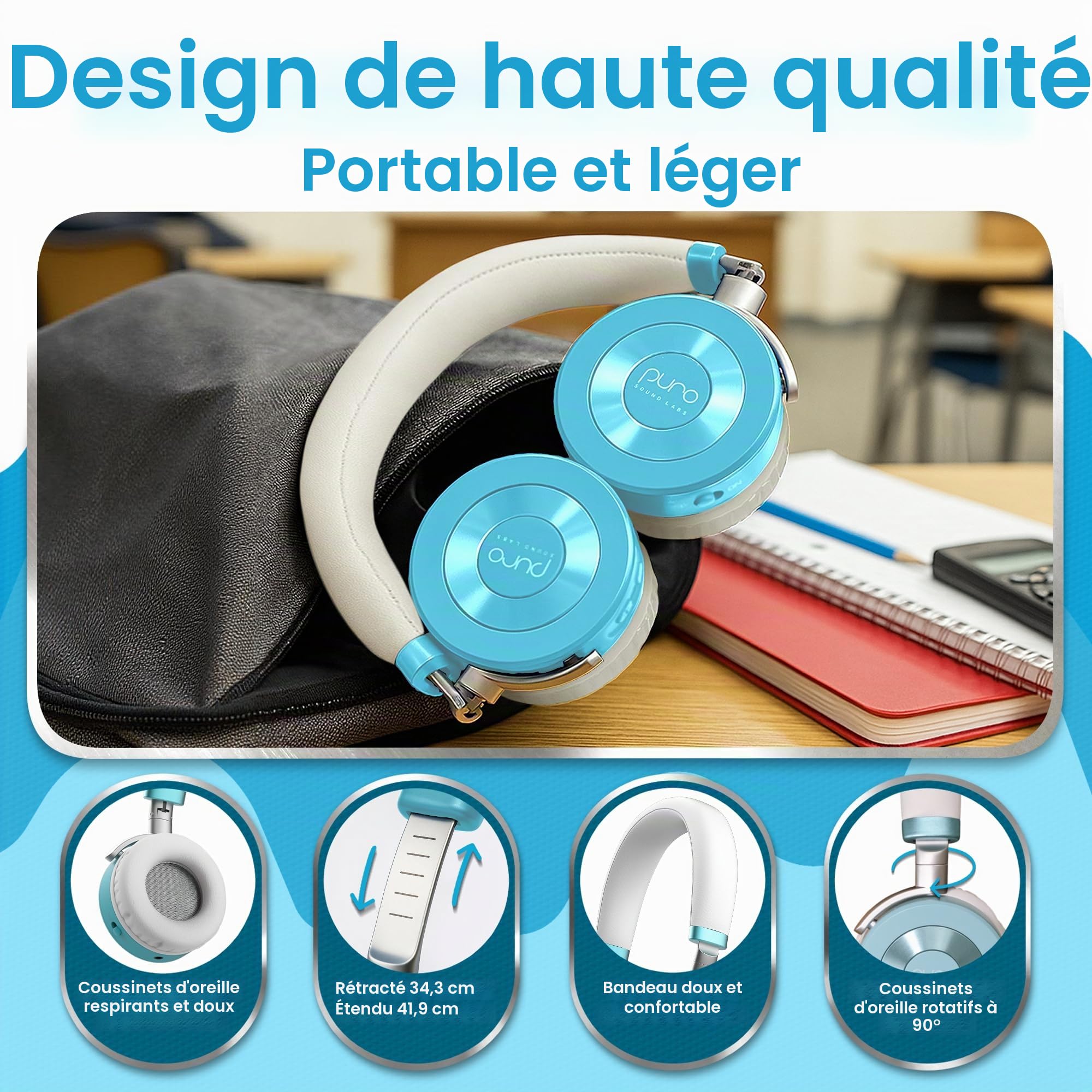 Puro Sound Labs Casque JuniorJam Plus avec limitation de Volume pour Enfants, Limite de 85 DB, Casque Bluetooth réglable pour tablettes, Smartphones, Ordinateurs - 22 Heures d'autonomie