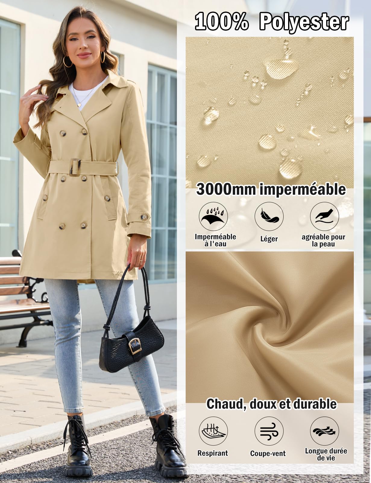 Tuopuda Trench-Coat Femme Double Boutonnage Manteaux imperméables Longues Col Rabattu Classique Coupe Vent Veste Léger Casual Ajustée Manteaux