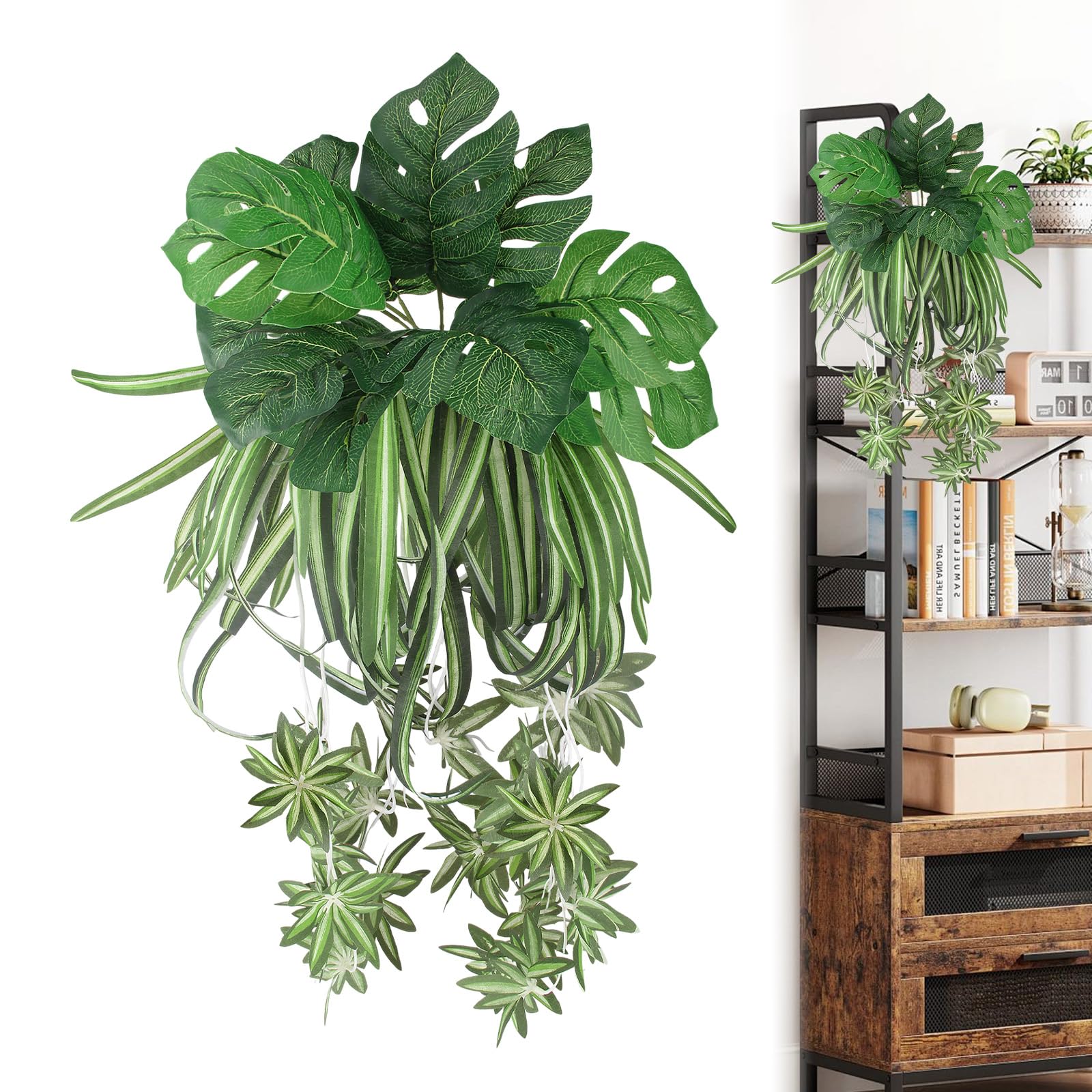 3 sztuki roślin wiszących, sztuczna roślina 64 cm, monstera, 33 cm | Sztuczne rośliny wiszące sztuczne rośliny jak prawdziwy sztuczny bluszcz do sypialni dekoracja stołu do jadalni umywalka