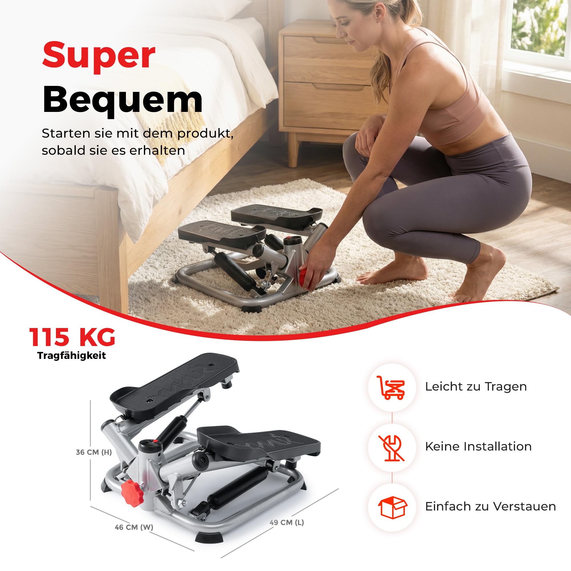 Sunny Health & Fitness Pro Stepper mit Widerstandsbändern für Heimtraining | Gelenkschonend, Hydraulischer Widerstand, SunnyFit-App, LCD-Display, 115-180 kg Belastbarkeit, Cardio zu Hause, Bänder