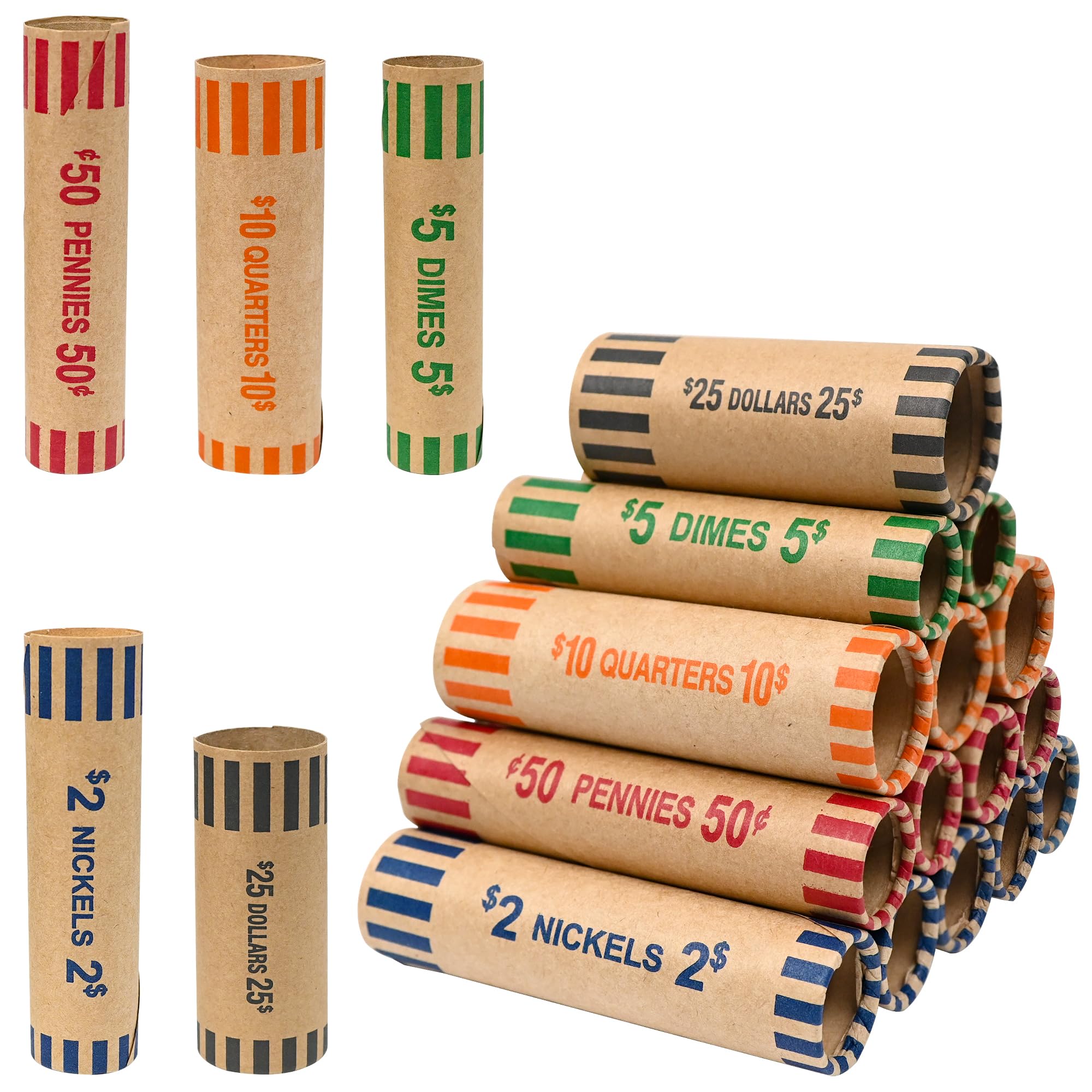 Preformed Coin Roll Wrappers (60 Assorted) -12 Quarters, 12 Pennies, 12 Nickels 12 Dimes and 12 Dollars (60 pcs)