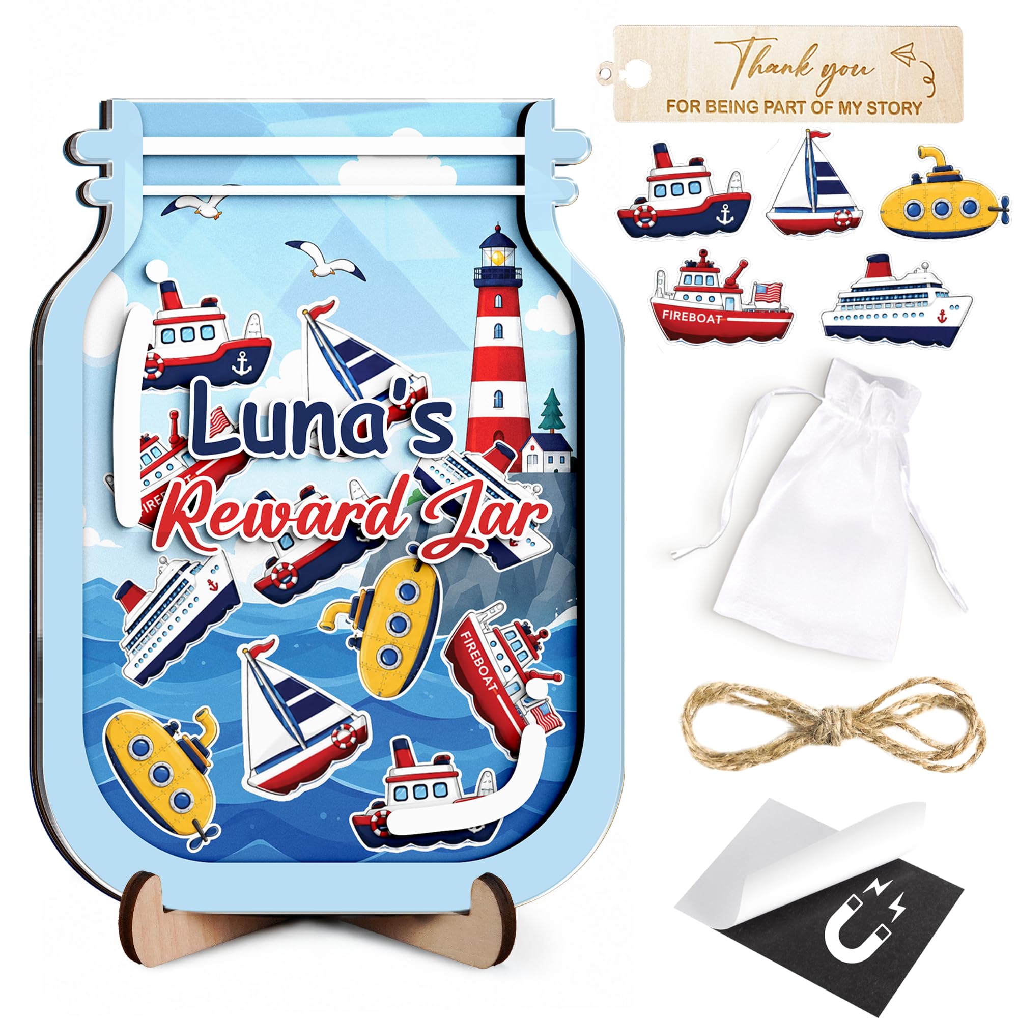 Personalized Nautical Magnetic Reward Jar for Kids, Classroom Rewards Jar, Wooden Positive Behavior System with Boat Tokens, Potty Training Reward Jars for Toddler, Back to School, Classroom Décor
