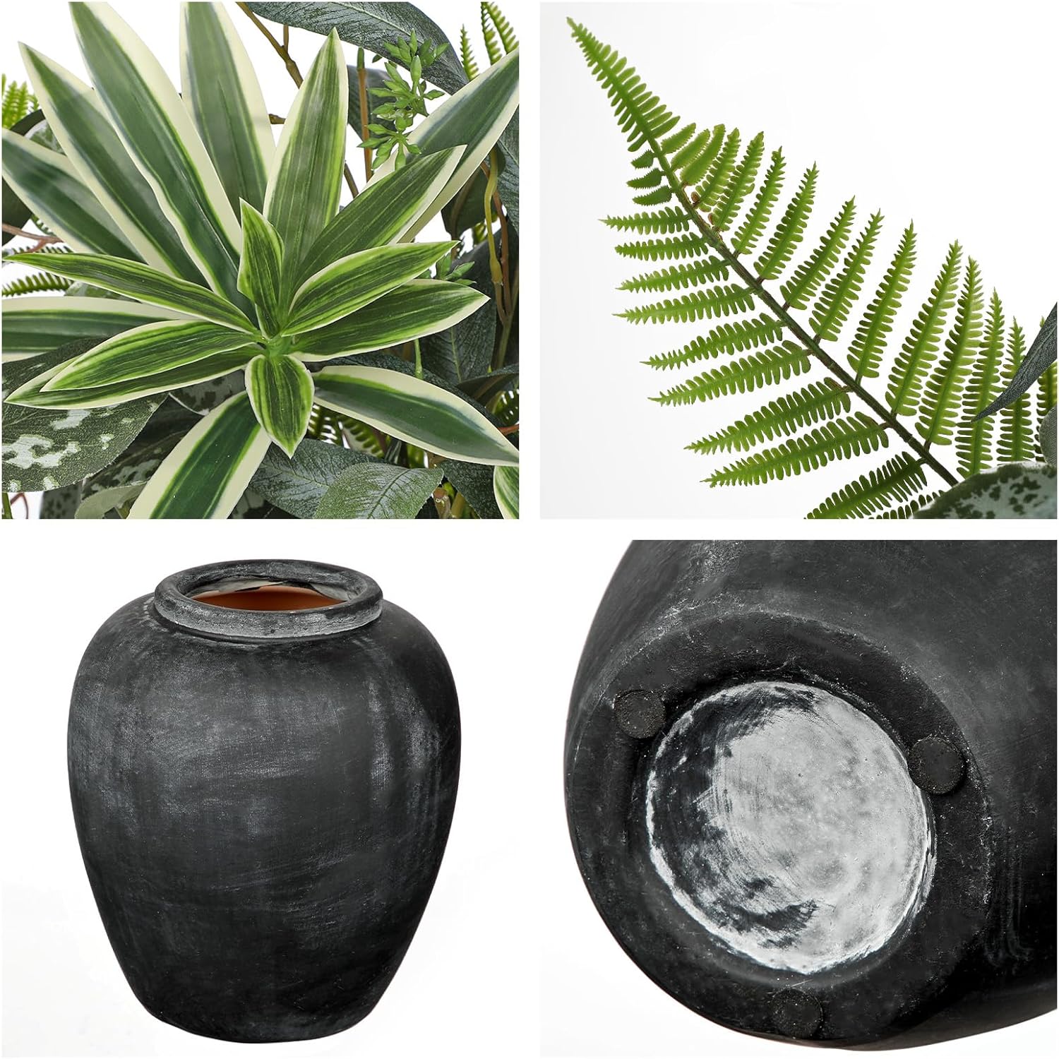 Artificial Greenery Arrangement with Cement Vase, Fake Potted Plants in Rustic Jug Planter, Faux Leaf Bouquet for Table Centerpiece, Farmhouse Home Decor, Dining Room, Living Room, Shelf Decoration