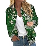 Holiday Outfits for Women Cute Christmas Print Long Sleeve Zipper Lightweight Cardigan Quilted Jackets Outerwear