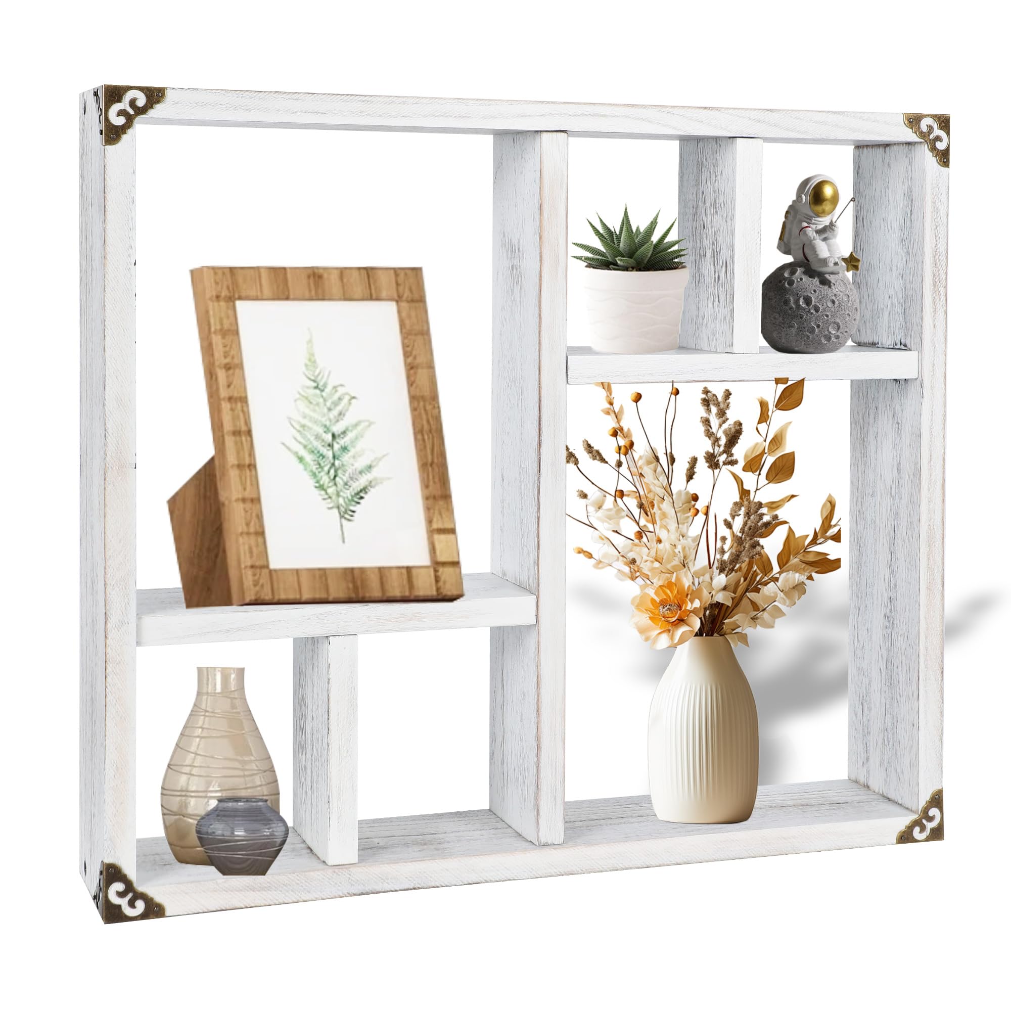 MITREL 17.7x15.7-Inch Shadow Box Display Shelf，6-Slot Rustic Floating Shelves，Larger Wood Trinket Shelf Freestanding Farmhouse Curio Shelf(6C-Rustic