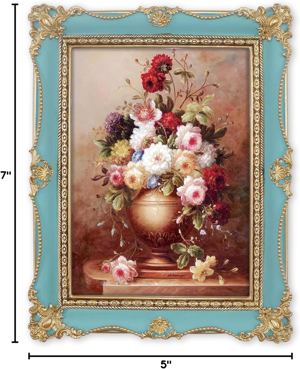 Vintage 5x7 Picture Frame for Gallery Wall and Tabletop, Antique Style Photo Frames in Hand Painted Blue with Gold Accents, French Cottage Home Décor for Desk Mantel Shelf