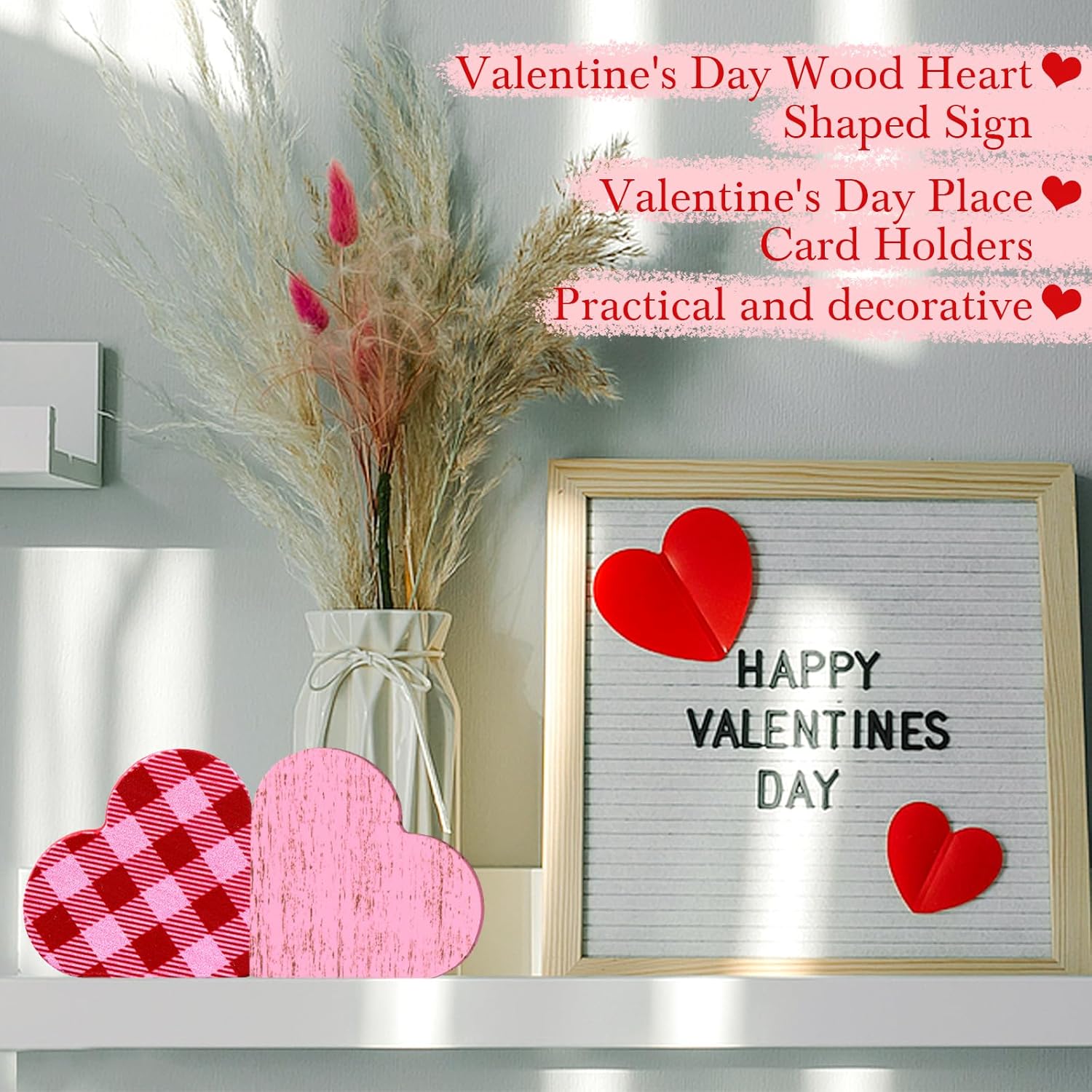 24 Pcs Valentine's Day Wooden Heart Place Card Holder Rustic Wooden Heart Shaped Love Signs Valentine Table Memo Sign Picture Menu Clips for Wedding Bridal Shower Party Table Decorations