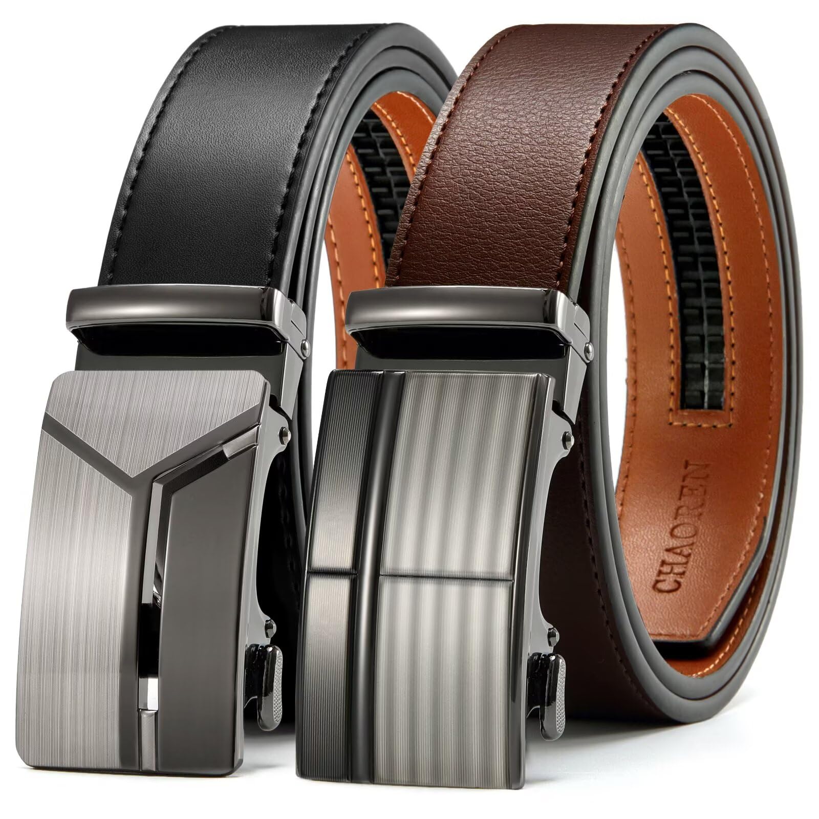CHAOREN Gürtel Herren 2er-Pack, 35mm Automatik Ledergürtel mit Ratsche - Passgenau Zuschneidbar, Ideal als Geschenk