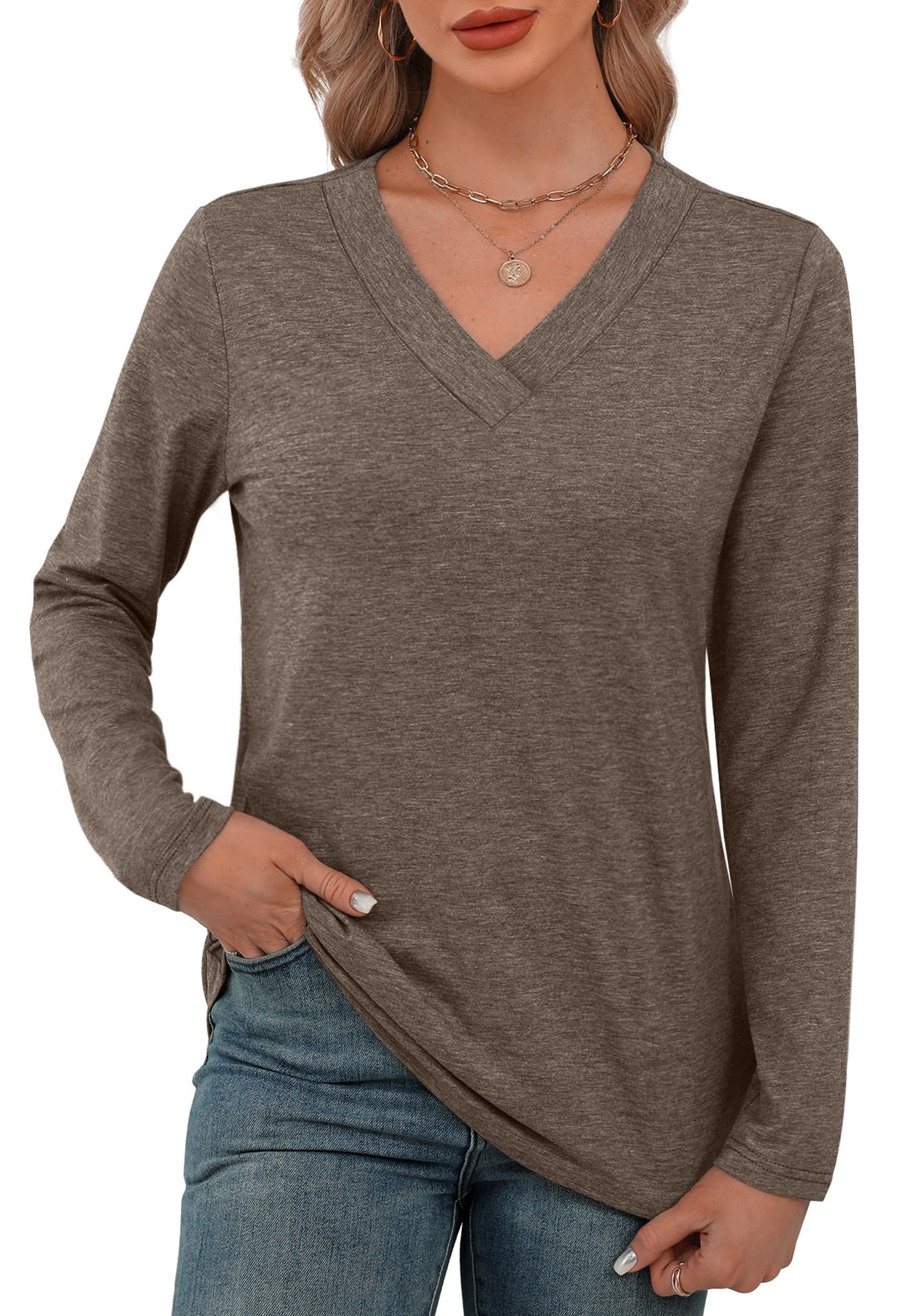 XIEERDUO Long Sleeve Shirts for Women V Neck Fall Tops Basic Tunic Tops Loose Fit Dressy 2025