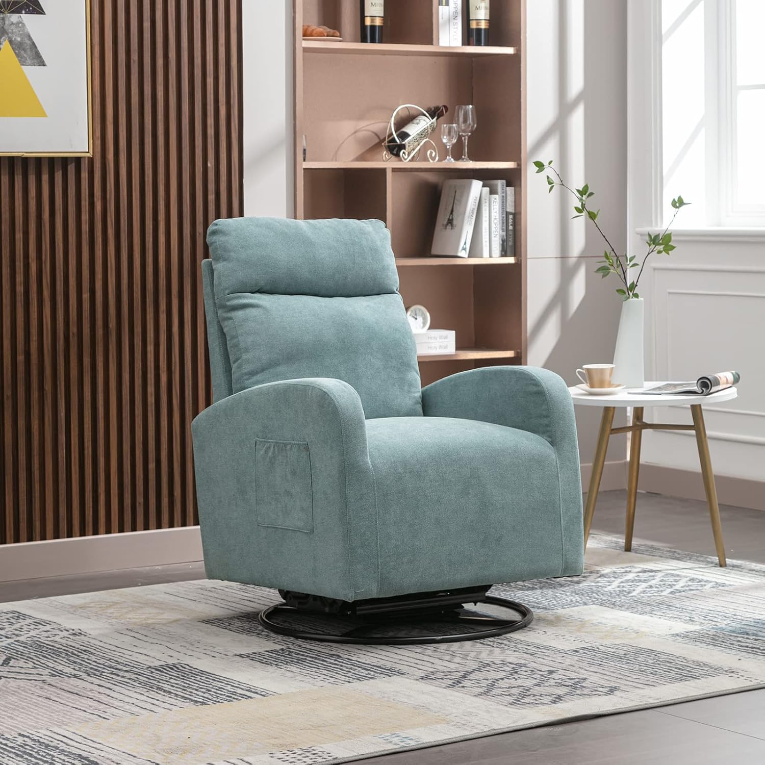 GNIXUU Rocking Chair, Swivel Gliding Nursing Chairs, Glider Rocker with Side Pocket for Nursery, Living Room, Baby Room, Bedroom, Light Blue Polyester Fabric