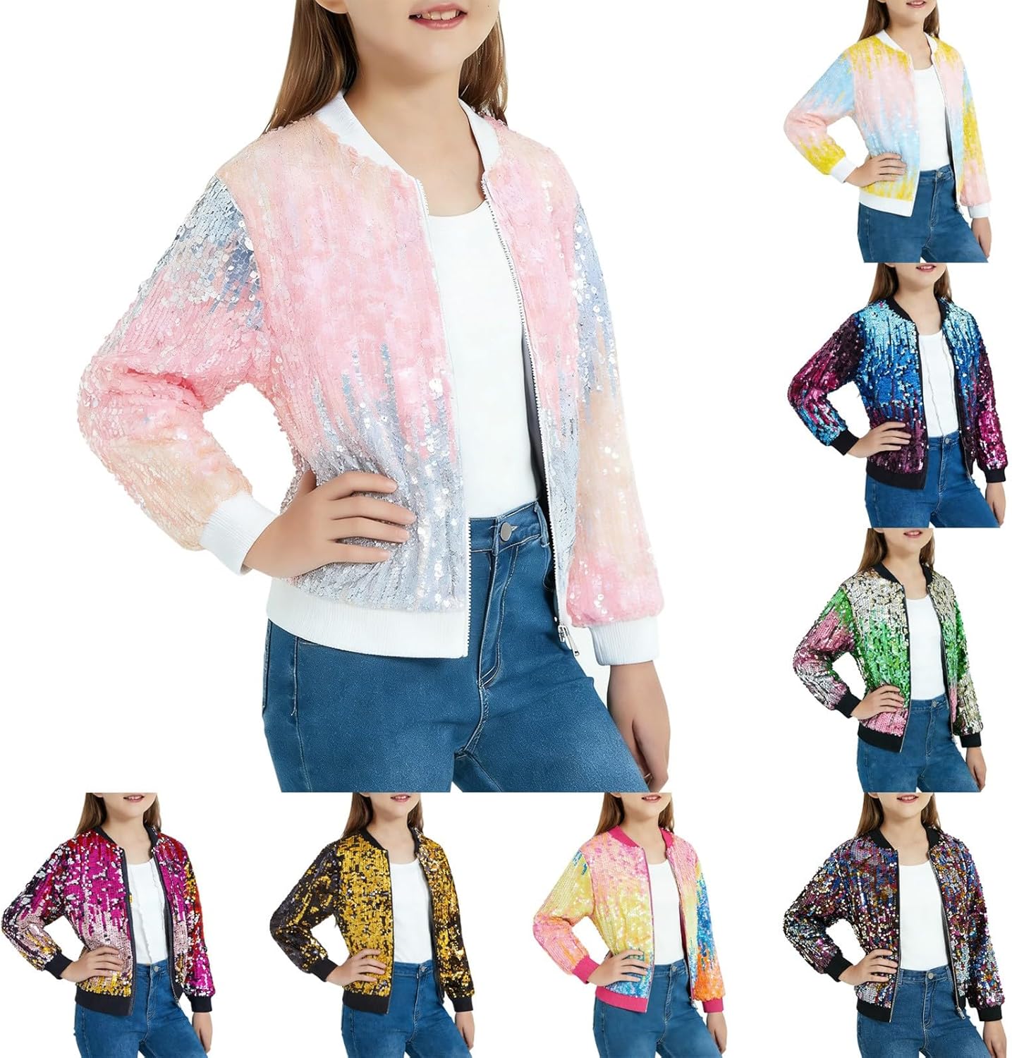 Girls Sequin Jacket Shiny Long Sleeve Zip Up Coat Glitter Lightweight Zipper Long Sleeve Bomber Jackets for Tween Kids