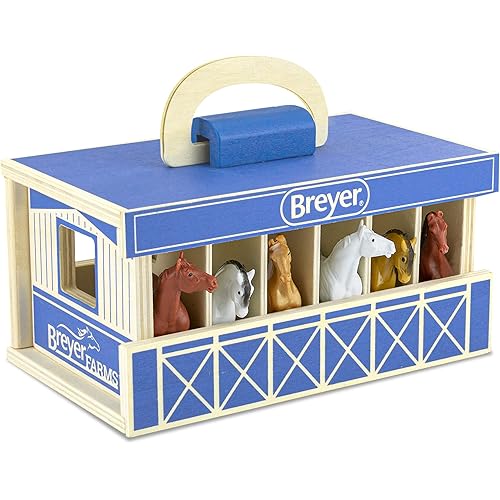 Breyer Horses Farms Wooden Stable Playset with 6 Horses | 6 Piece | 6 Stablemates Horses Included | 6” H x 9” L x 2.5” D | 1:32 Scale | Model #59217, Multi