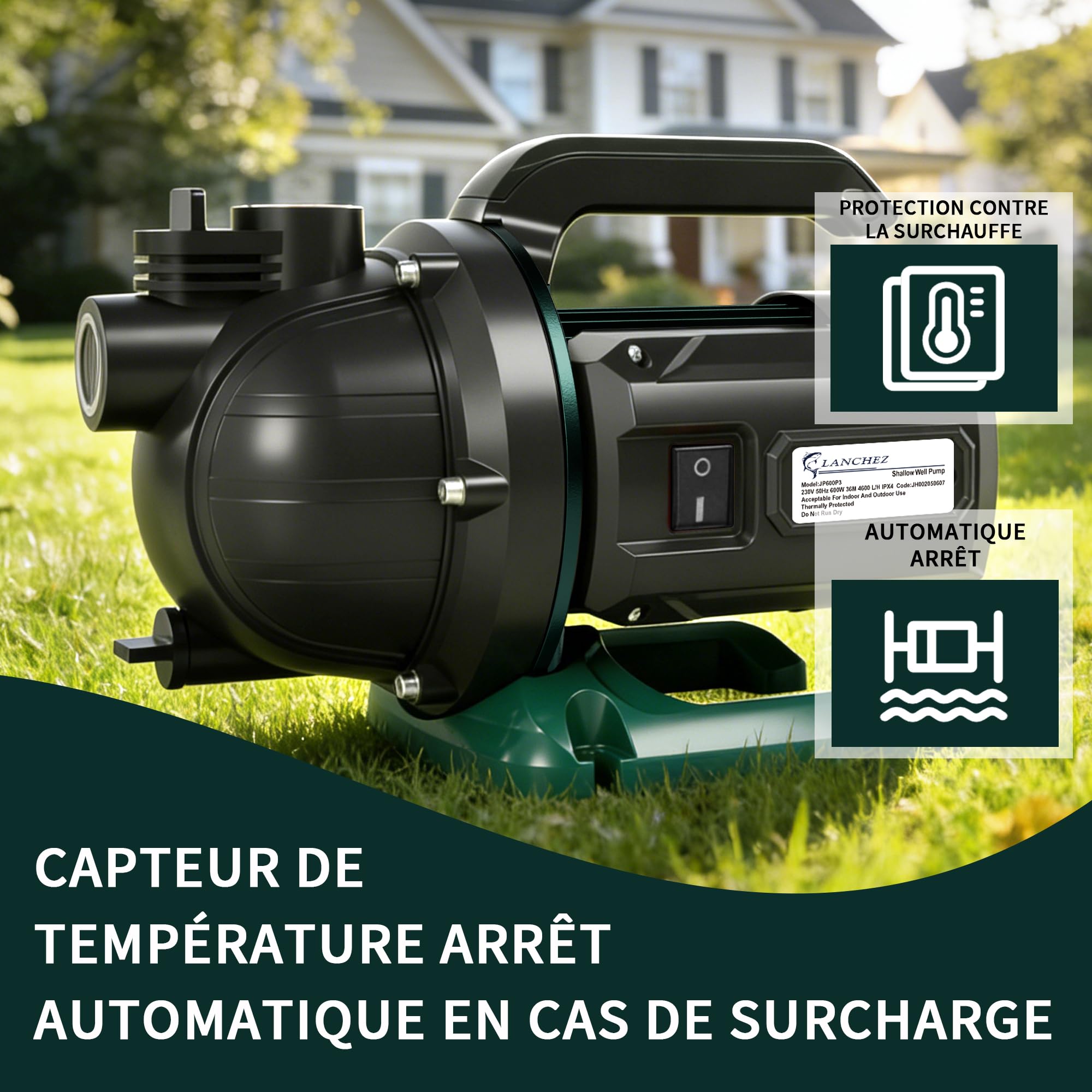 LANCHEZ Pompe de Jardin 4600 L/H, 600 W, Hauteur de Refoulement 36 m, Hauteur d'Aspiration 8 m, Poignée de Transport, Pompe à Eau pour Récupérateur d'Eau de Pluie, Citerne et Étang