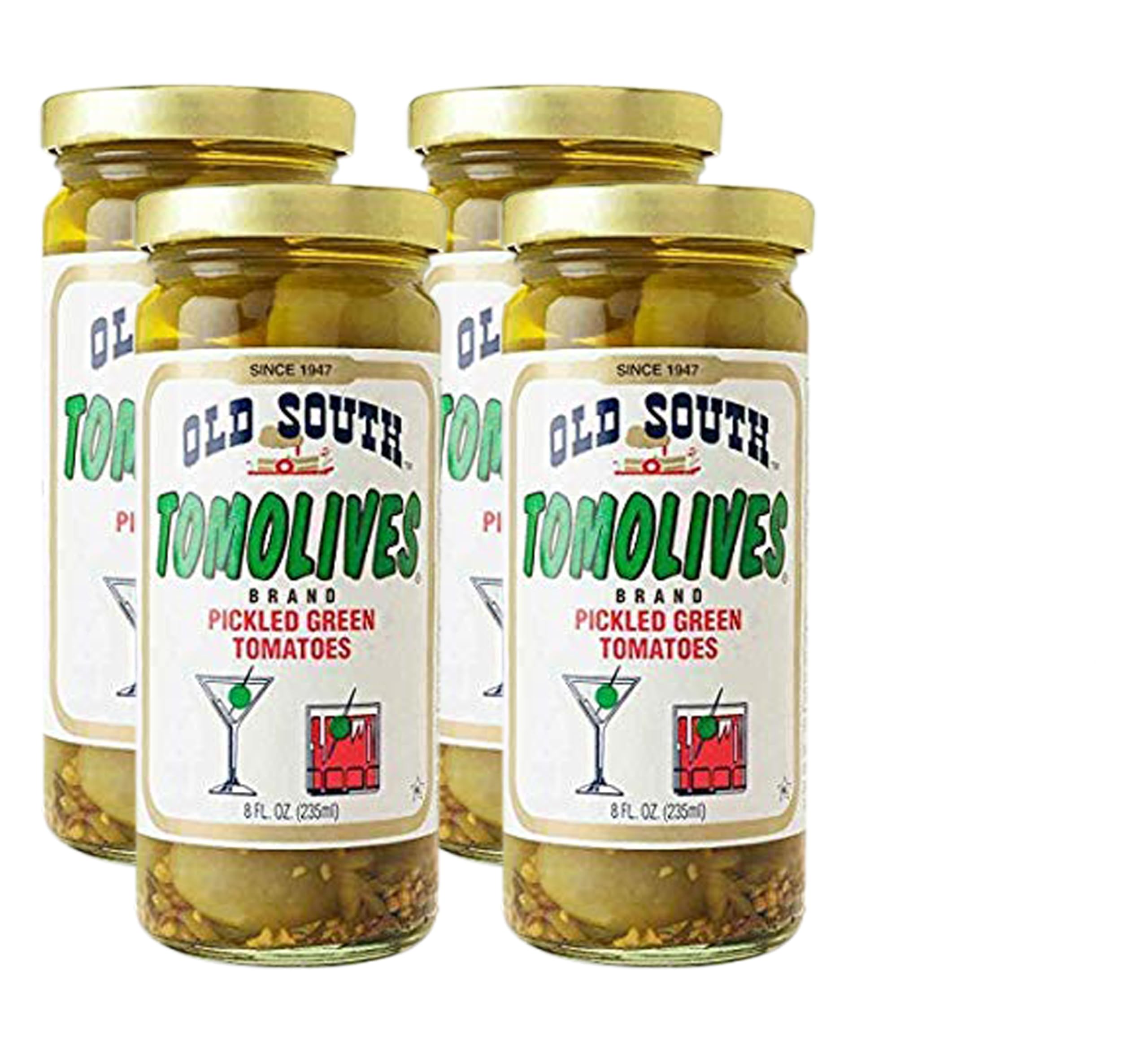 Old South Tomolives Pickled Green Tomatoes 8 Oz Jar (4 Pack) with 20ct Dental Flossers in a PTD Sealed Bag