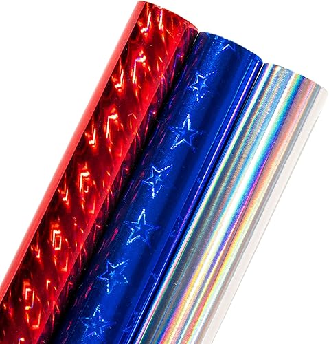 LeZakaa Rollo de papel de regalo holográfico, mini rollo, estrella azul, rayas rojas, colores plateados para el día de la independencia, cumpleaños,