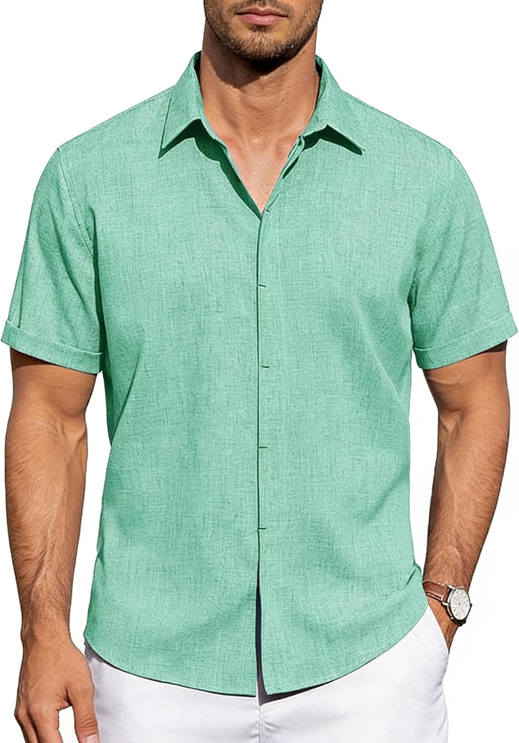 Mens Linen Shirts Short Sleeve Casual Shirt Button Down Summer Beach Vacation Tops Men Casual Dress Shirts Breathable