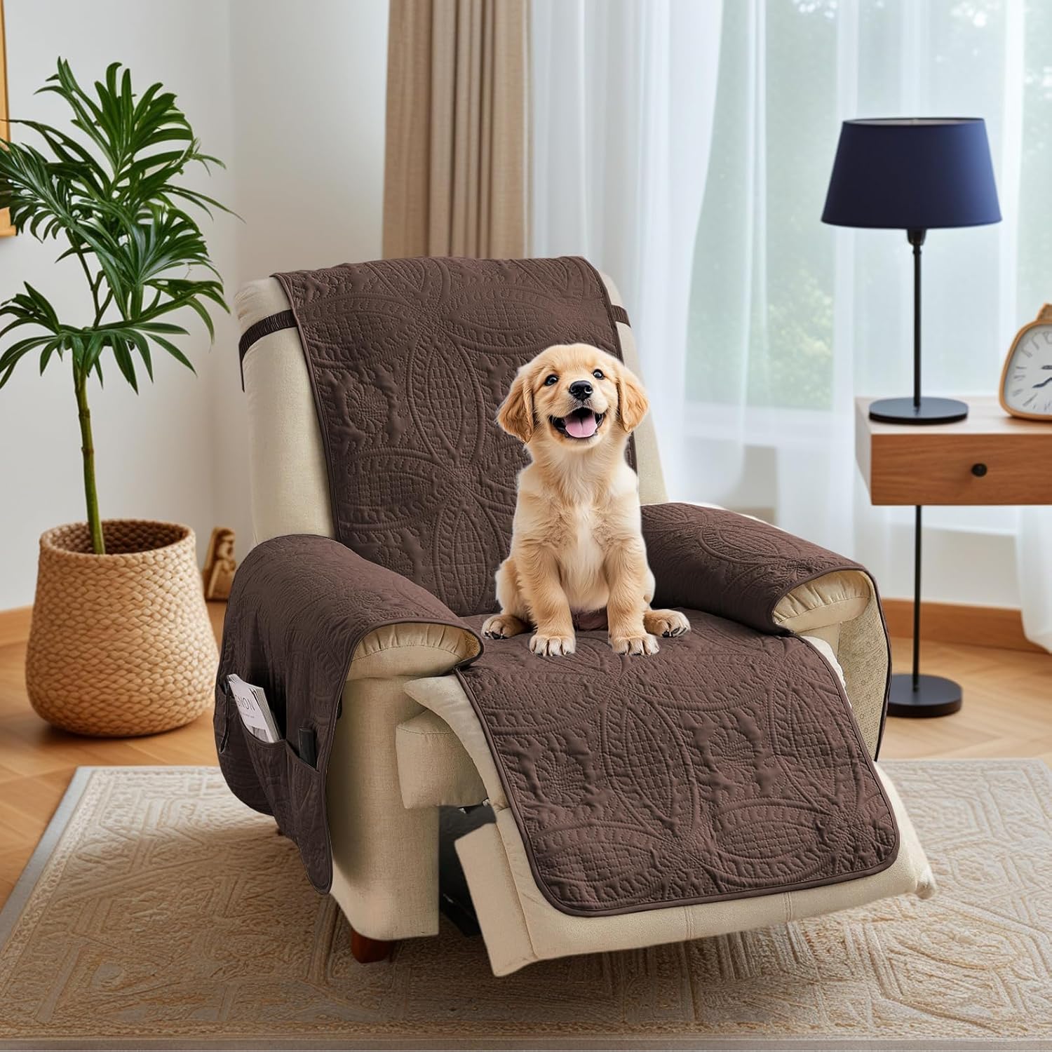 Quilted Recliner Chair Covers, Soft Lazy Boy Chair Covers, Water-Repellent Recliner Covers, Pet Friendly Chair Cover for Dogs Cats, Washable Furniture Sofa Protector (Recliner 22", Brown)