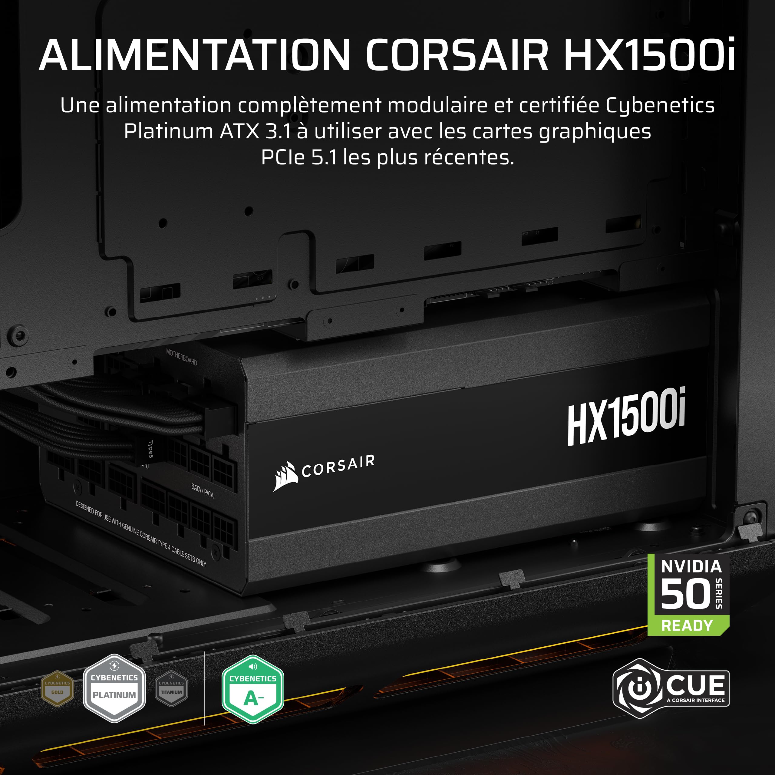 CORSAIR HX1500i (2025) Alimentation ATX Entièrement Modulaire – Noir | À Très Faible Bruit avec Câble 12V-2x6, Compatible ATX 3.1 & PCIe 5.1, Efficacité Cybenetics Platinum