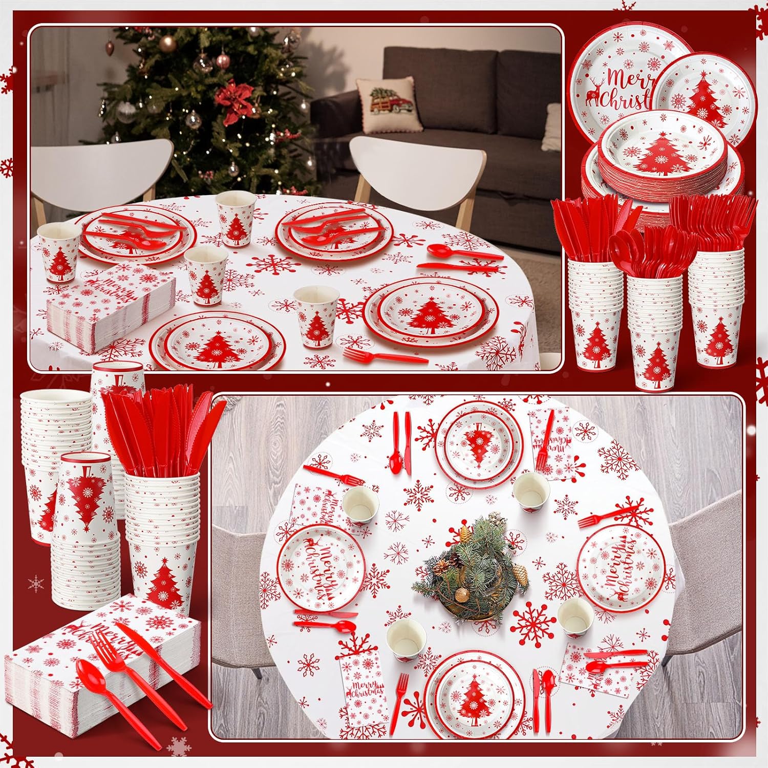 Dandat 402 Pcs Christmas Plates and Napkins Party Supplies Disposable Christmas Table Dinnerware Set Party Plates Napkins Cups Tablecloth for Holiday Xmas(Red White,Snowflake, Elk)