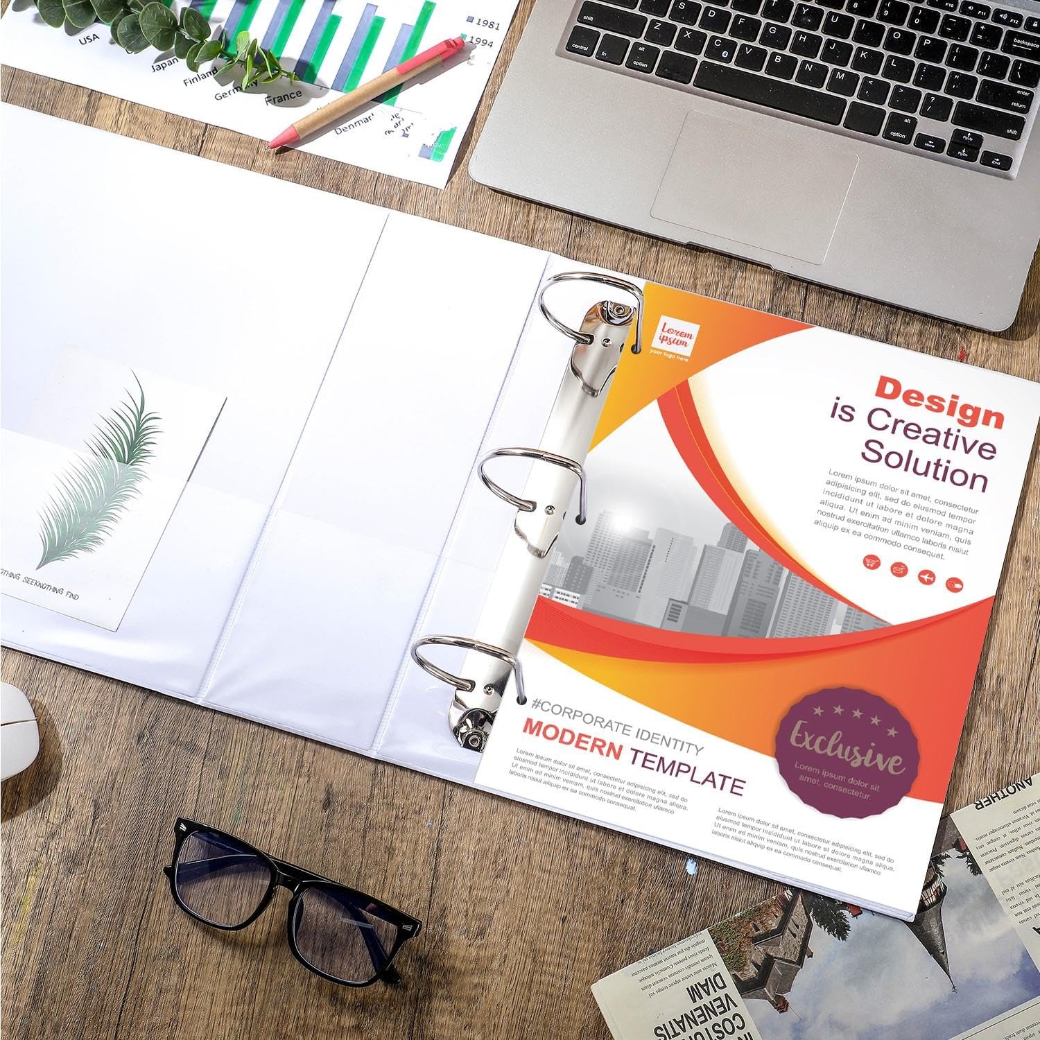 Sinload 4 Stück 10,2 cm große Ringbücher mit Taschen, 3-Ringbuch, 21,6 x 27,9 cm, Präsentationsmappe, Sichtmappe mit anpassbarem transparentem Einband für Dokumente, Akten, Projekte (weiß)