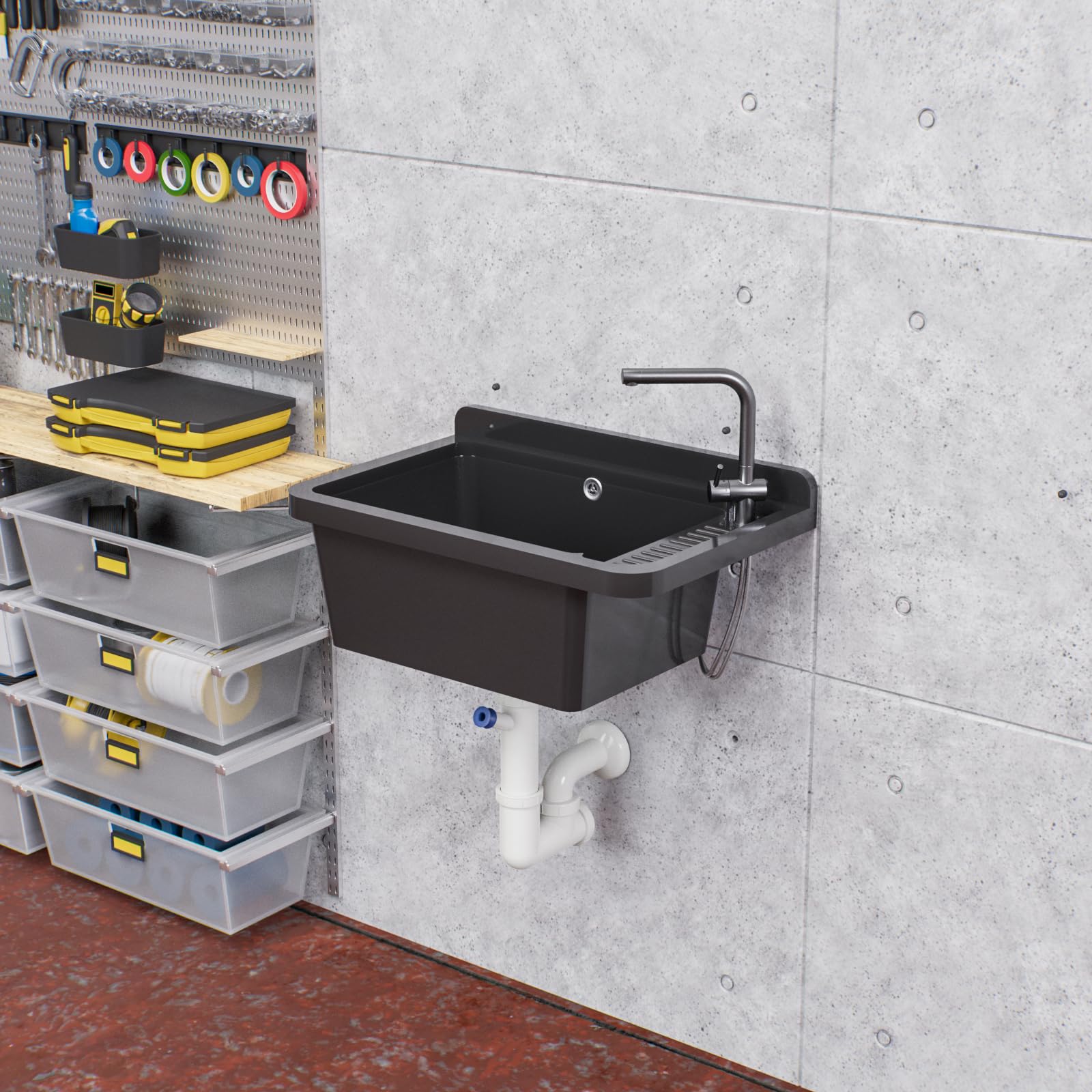 QLS Fregadero plástico 50,8x33,8 cm con sifón y kit negro | Para garaje, taller y lavadero. Resistente al calor, fácil de limpiar, interior/exterior, con kit de montaje