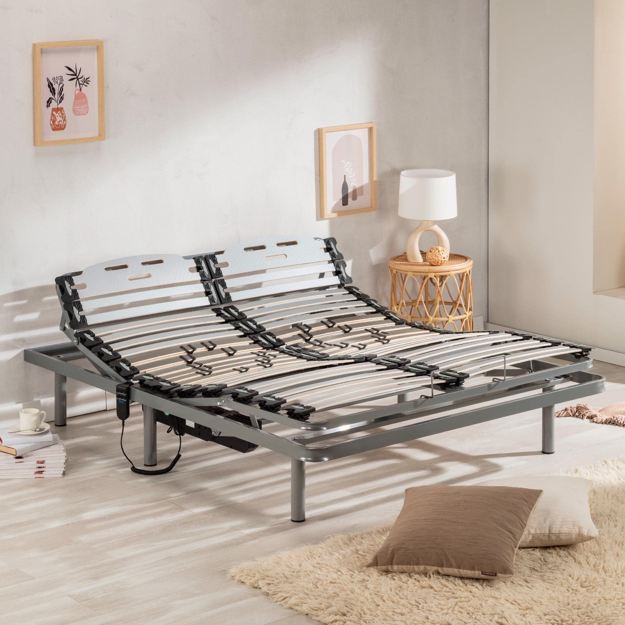 NALUI - Somier Eléctrico para Cama 135 x 180 cm, 11 Láminas Madera de Haya de 10 cm y Estructura de Acero.