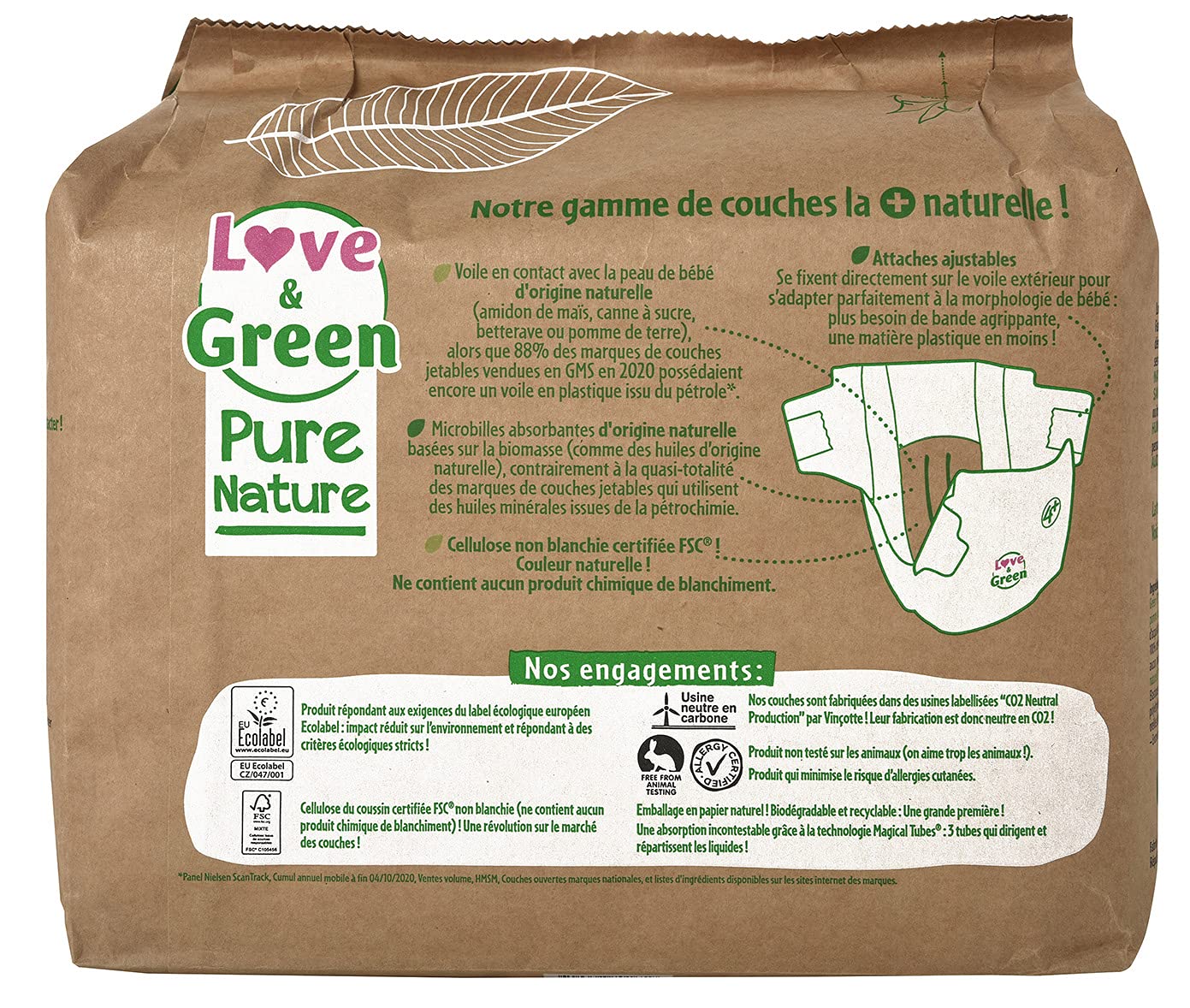 Love & Green Pure Nature Pack 210 ekologicznych pieluch niewybielonych T4+ x 35 (9-20 kg)